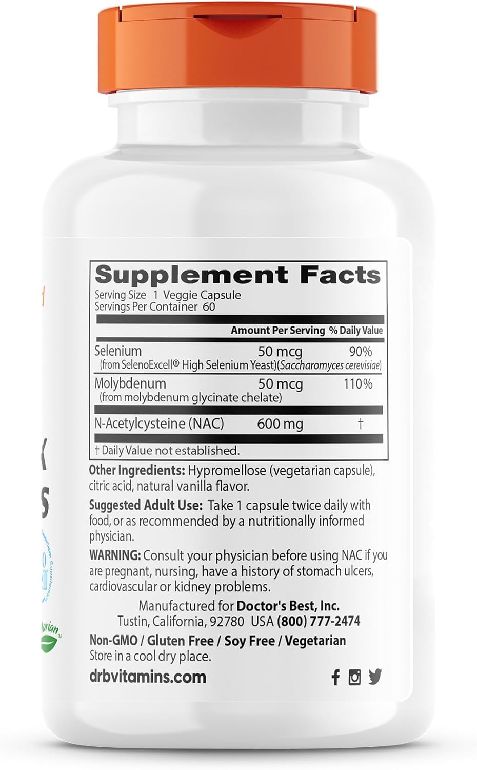 Doctor's Best NAC Detox Regulators with Seleno Excell - Non-GMO, Vegetarian, Gluten Free - 60 Veggie Capsules - BoostGo Australia