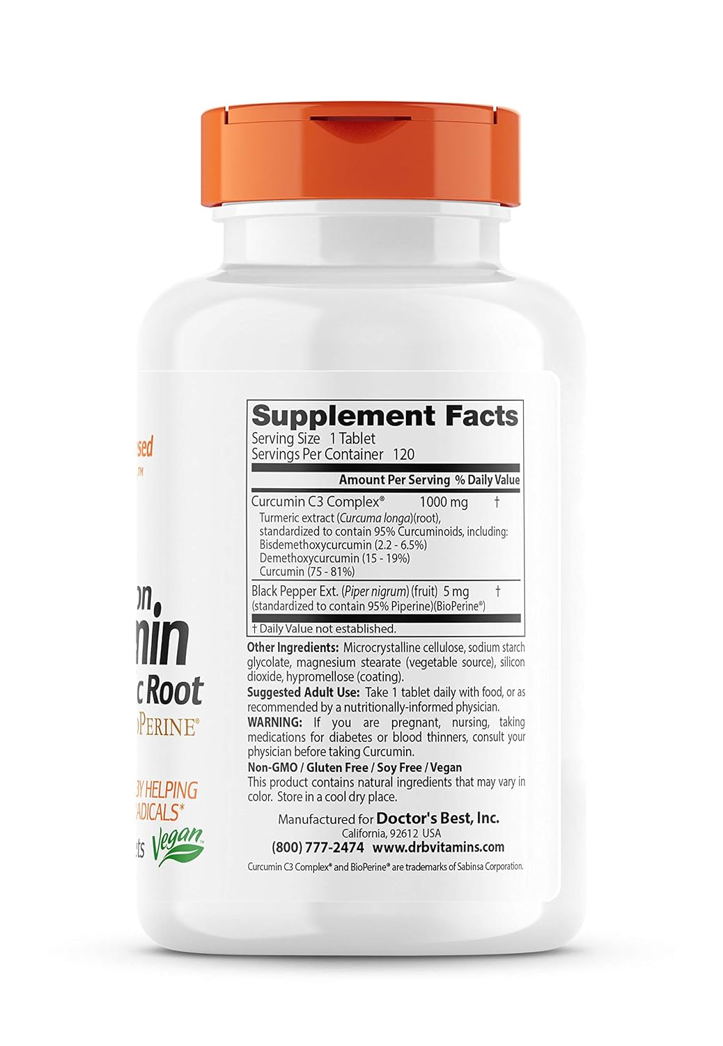 Doctor's Best Turmeric Root Curcumin C3 with BioPerine 1000mg - 120 Count