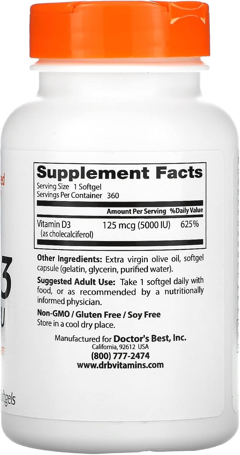 Doctor's Best Vitamin D3 5000 IU Softgels - 2 Pack, 360 Count, High Potency Supplement