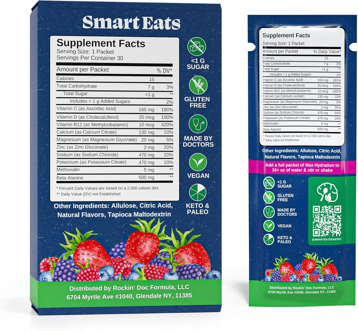 Doctors Designed Smart Eats Electrolyte Powder - 1,690mg Electrolytes, 9 Essential Minerals & Vitamins, 5 Antioxidants, Sour Berry Flavor - 30 Packets