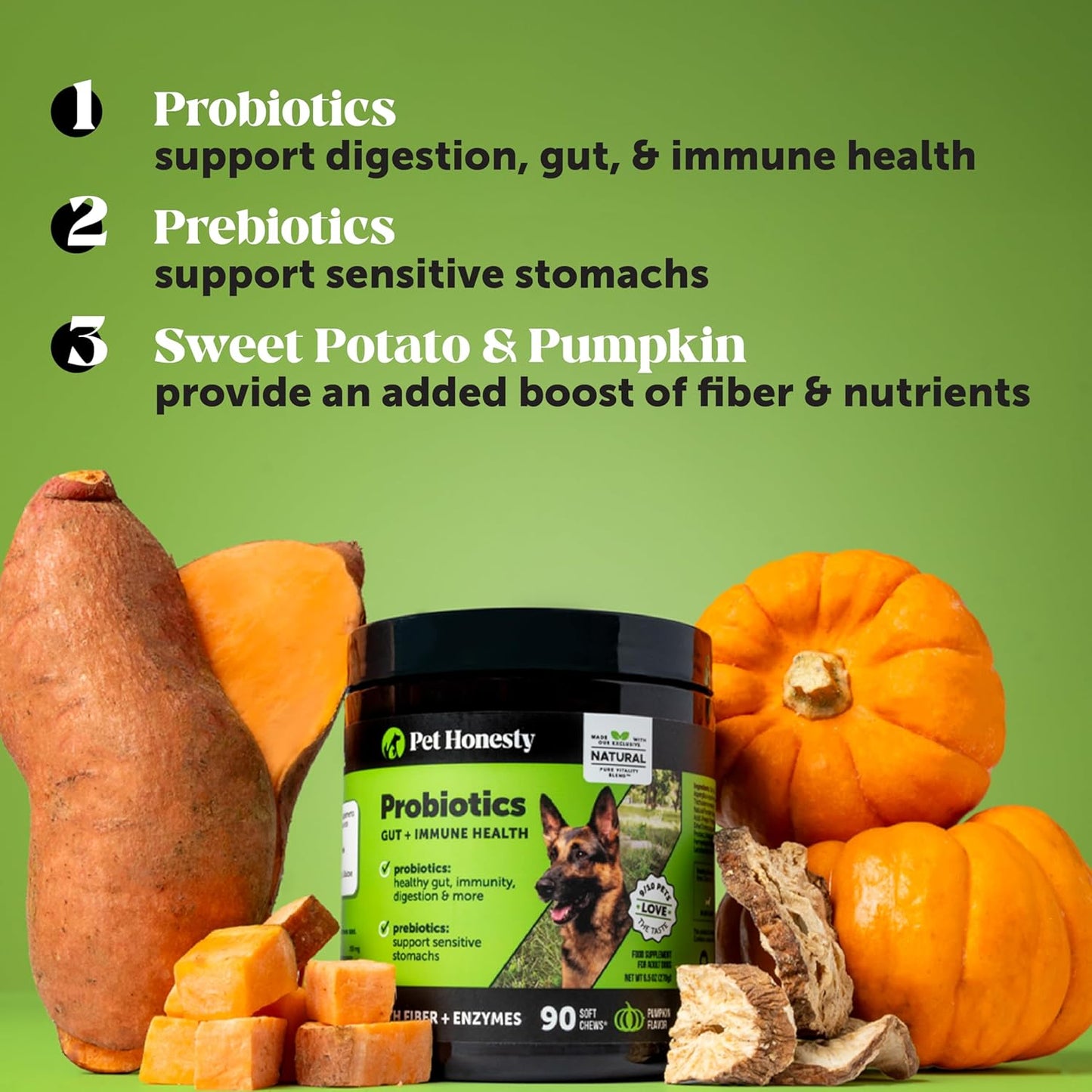 Dog Digestive Health Support Probiotics with Prebiotics, Enzymes, Immunity Boost & Itch Relief - Pumpkin Flavored, 90 Count