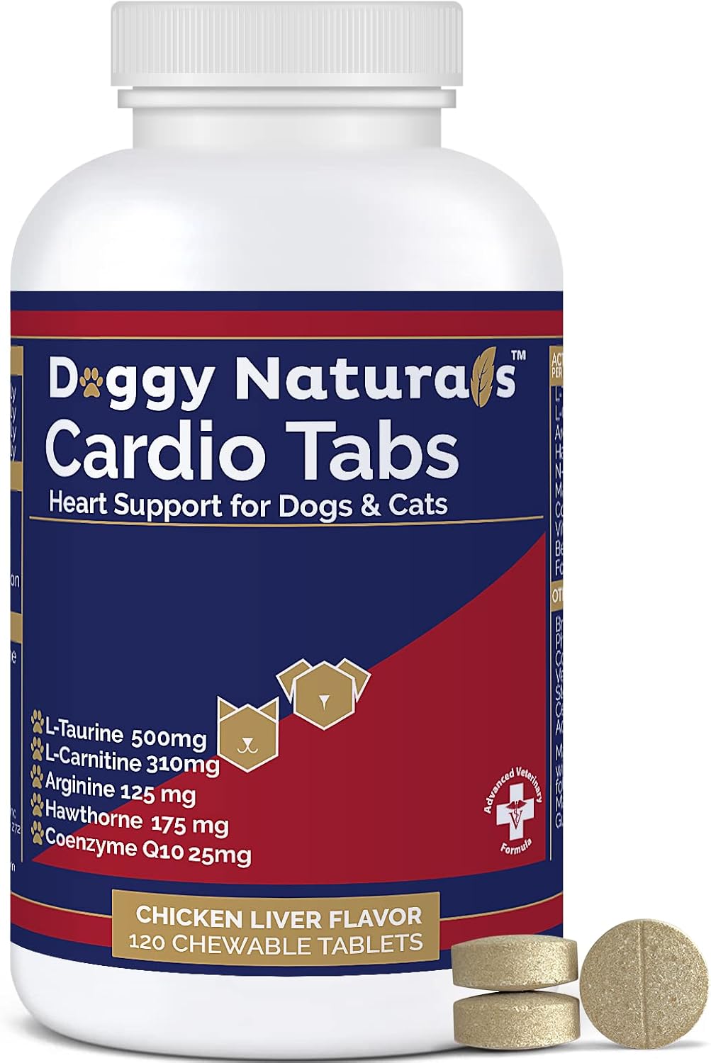 Dog Heart Support Supplement - Cardio Tabs for Cardio Strength - L-Taurine, L-Carnitine, Hawthorn - Made in USA - 120 Tablets