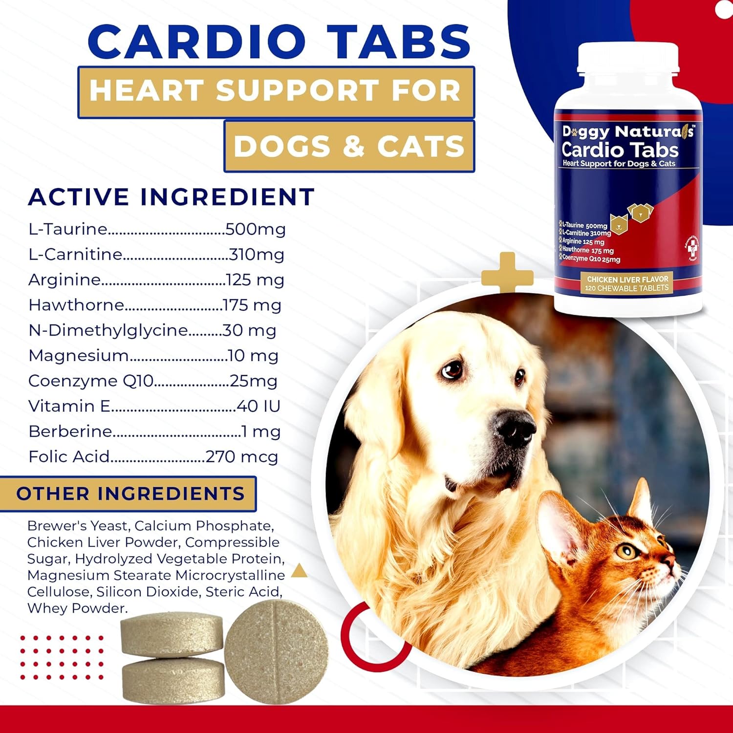 Dog Heart Support Supplement - Cardio Tabs for Cardio Strength - L-Taurine, L-Carnitine, Hawthorn - Made in USA - 120 Tablets