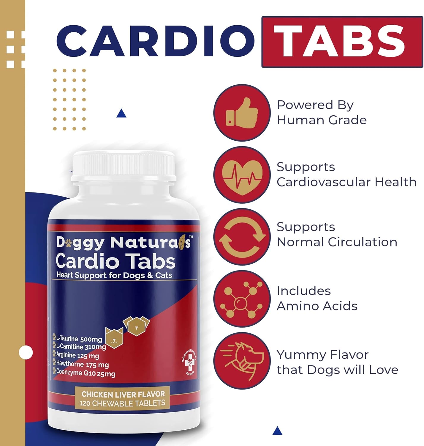 Dog Heart Support Supplement - Cardio Tabs for Cardio Strength - L-Taurine, L-Carnitine, Hawthorn - Made in USA - 120 Tablets