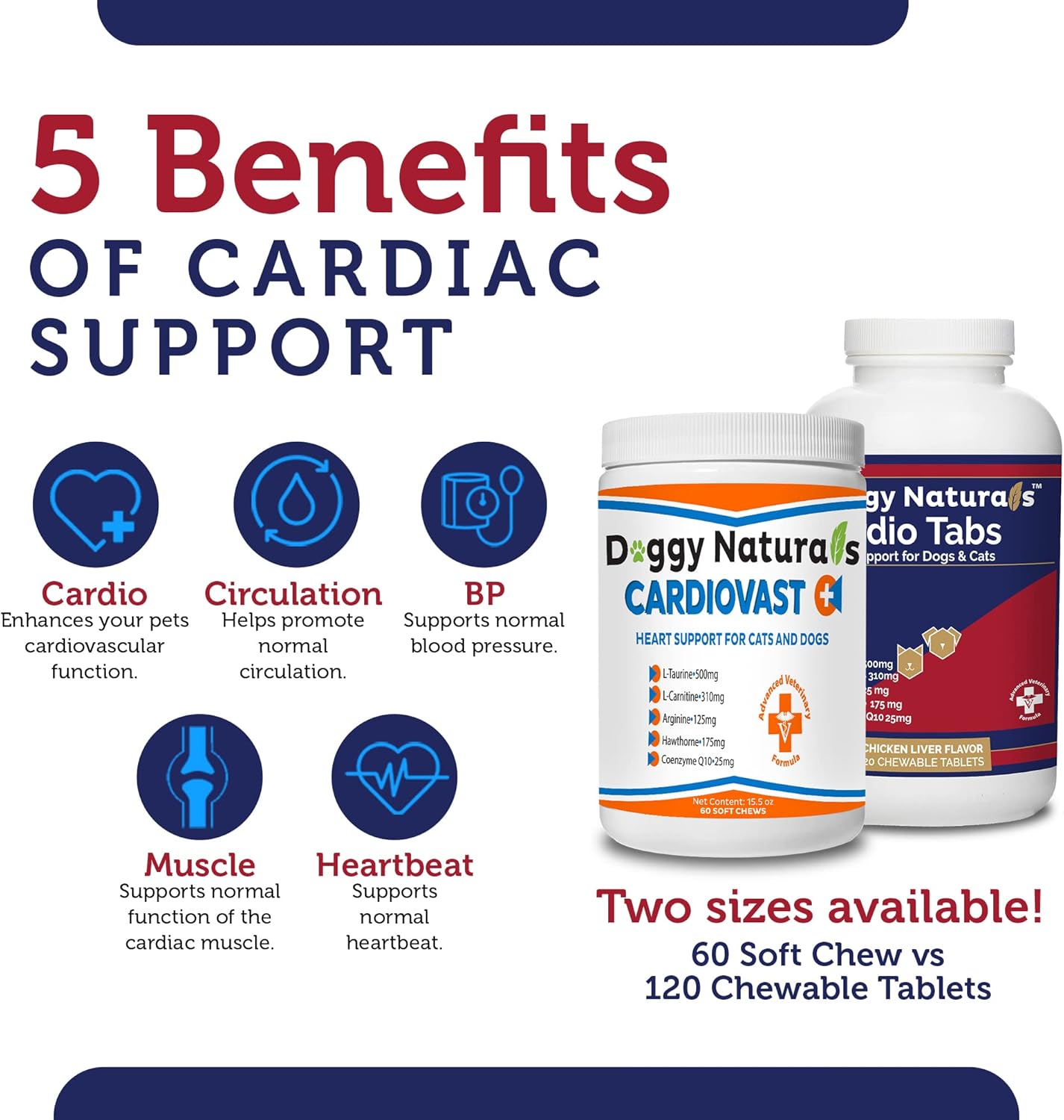 Dog Heart Support Supplement - Cardio Tabs for Cardio Strength - L-Taurine, L-Carnitine, Hawthorn - Made in USA - 120 Tablets