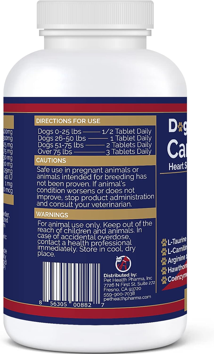 Dog Heart Support Supplement - Cardio Tabs for Cardio Strength - L-Taurine, L-Carnitine, Hawthorn - Made in USA - 120 Tablets