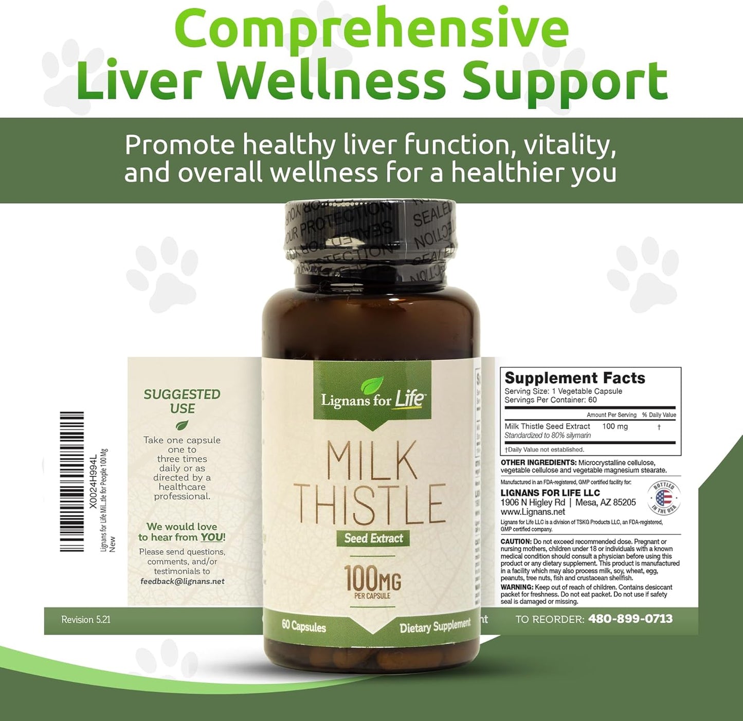 Dog Liver Health Support Supplement - Lignans for Life Milk Thistle Seed Extract Capsules - 100mg, 60 Vegetarian Capsules