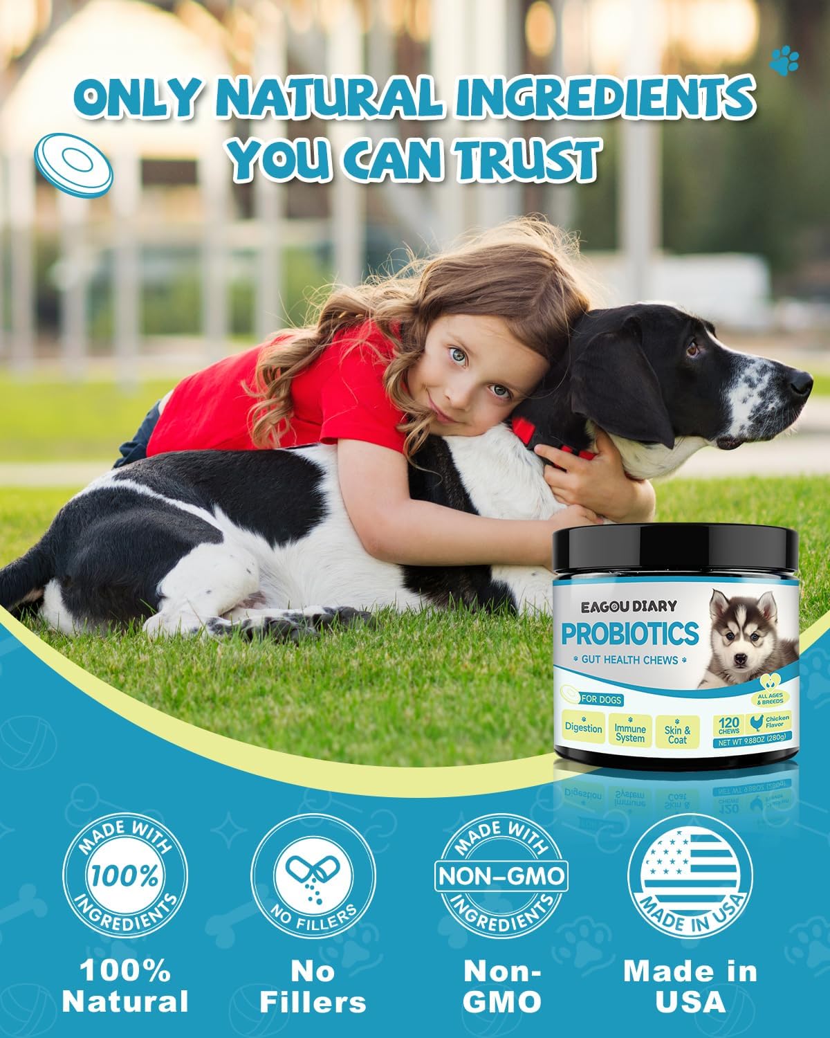 Dog Probiotic Chews with Prebiotics, Goat Milk, Omega 3, Vitamins - 120 Ct