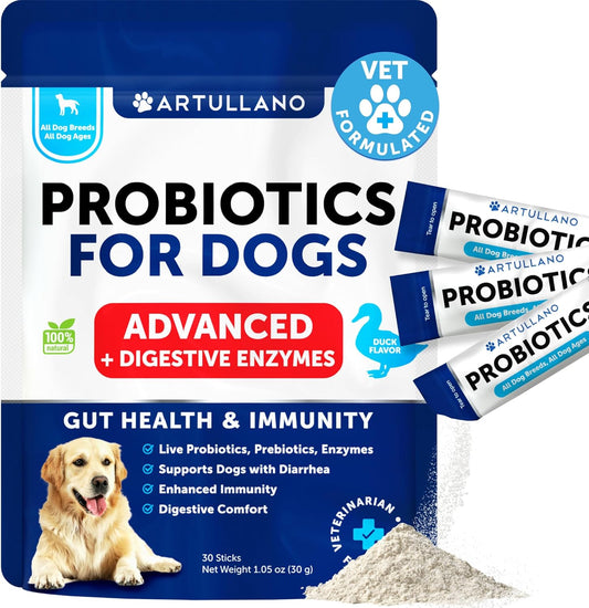 Dog Probiotic Powder with Prebiotics - Boost Gut Health, Skin, Immunity - Digestive Enzymes for Diarrhea, Gas - 30 Sticks