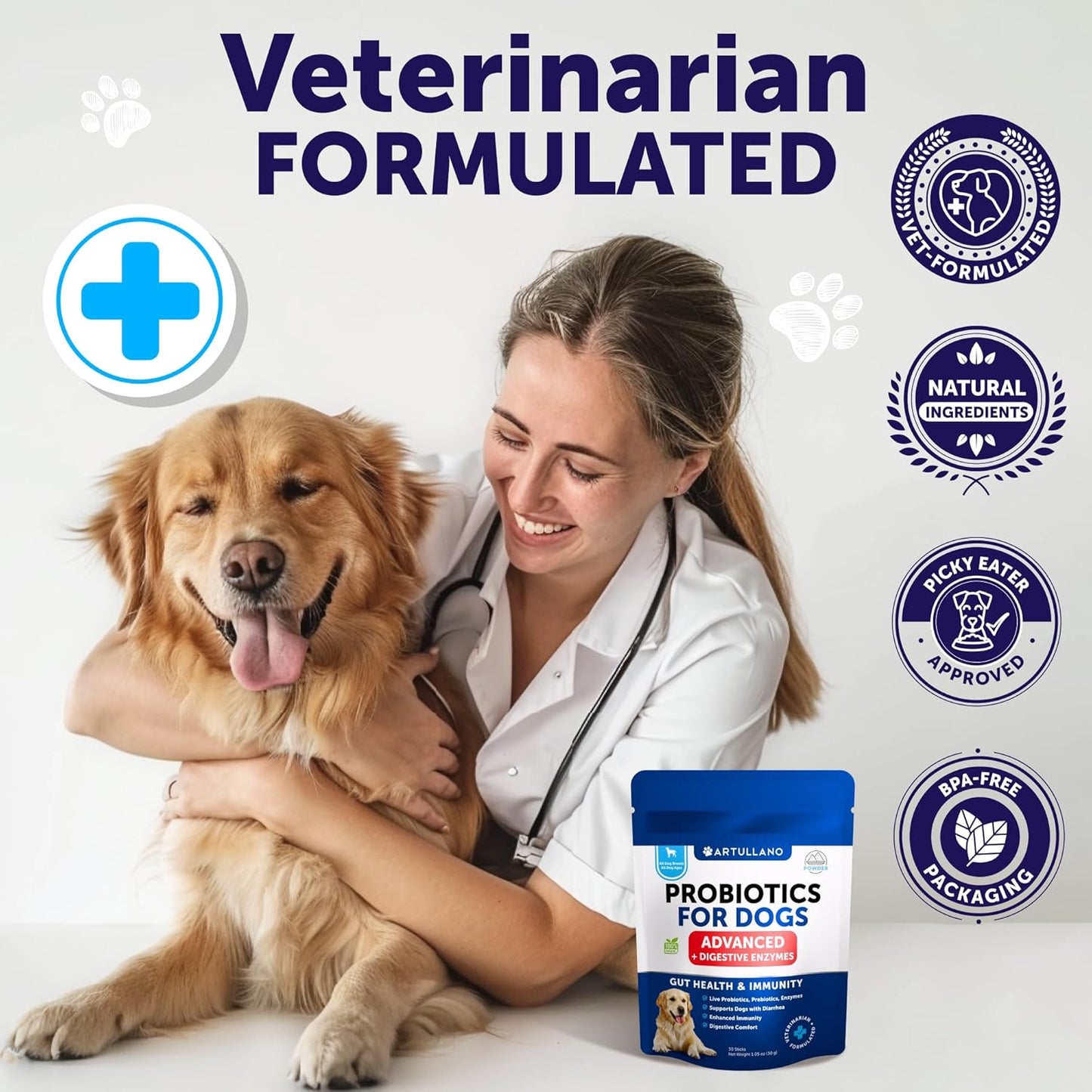 Dog Probiotic Powder with Prebiotics - Boost Gut Health, Skin, Immunity - Digestive Enzymes for Diarrhea, Gas - 30 Sticks