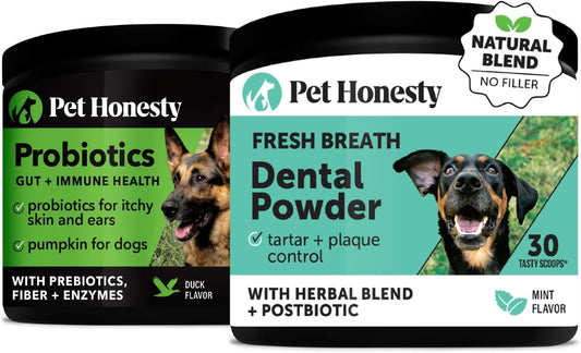Dog Probiotics with Dental Powder for Plaque Removal & Gut Health - Supports Diarrhea, Bowel Health, and Itch Relief