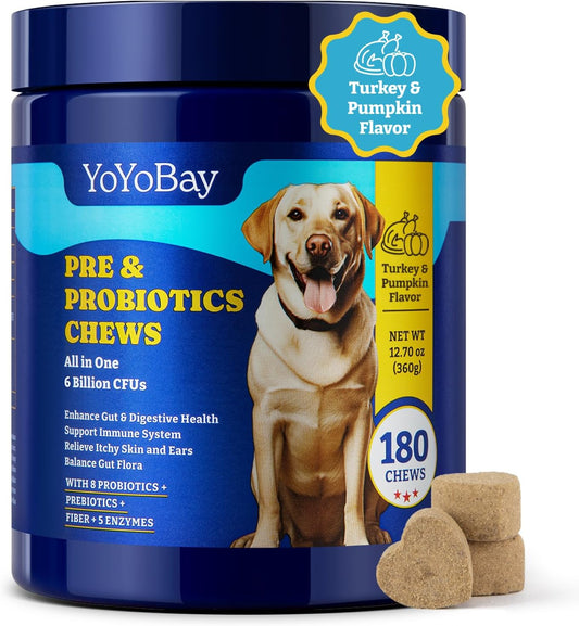 Dog Probiotics with Prebiotics, Digestive Enzymes - 6 Billion CFUs for Gut, Immune & Skin Health - Turkey & Pumpkin Flavor, 180 Soft Chews