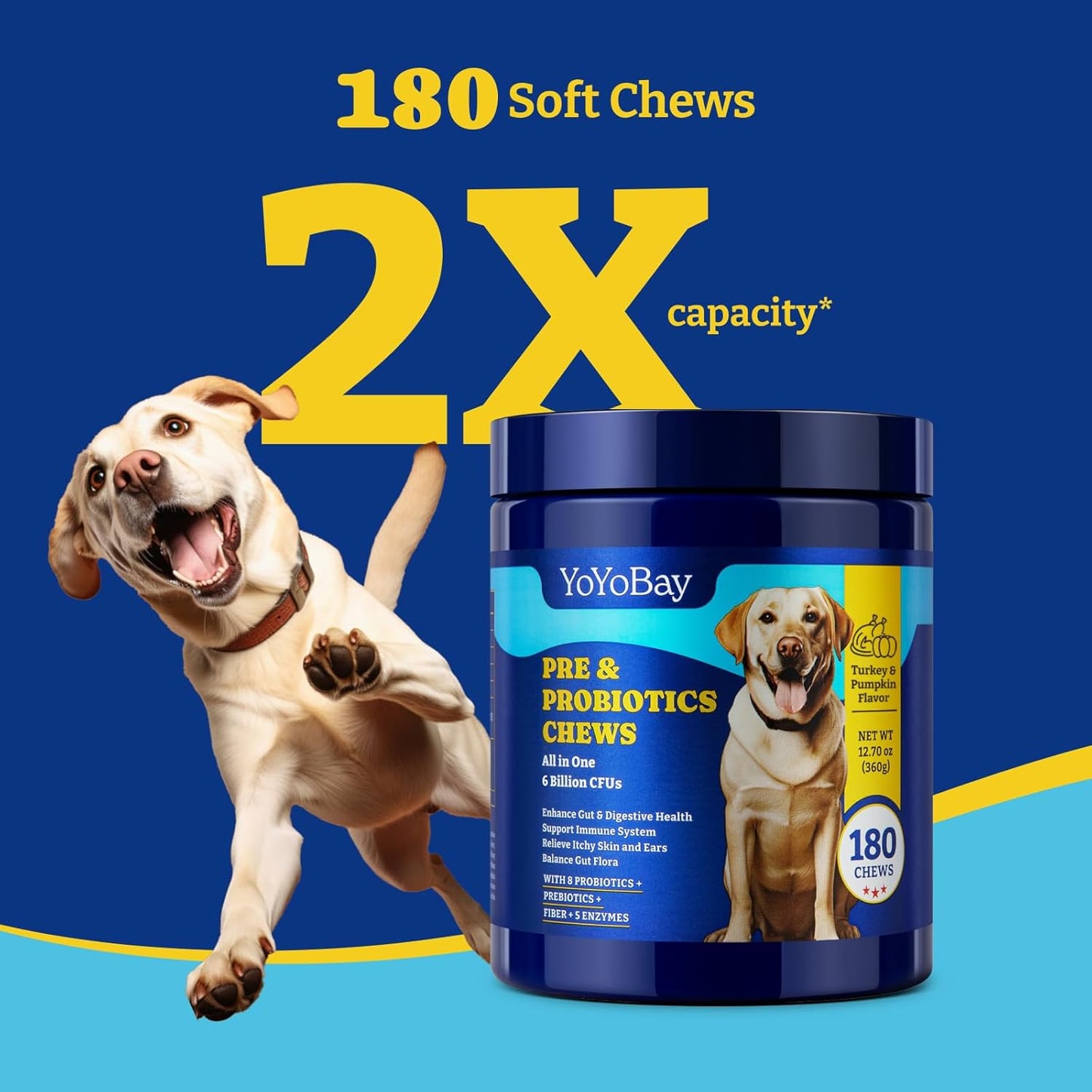 Dog Probiotics with Prebiotics, Digestive Enzymes - 6 Billion CFUs for Gut, Immune & Skin Health - Turkey & Pumpkin Flavor, 180 Soft Chews