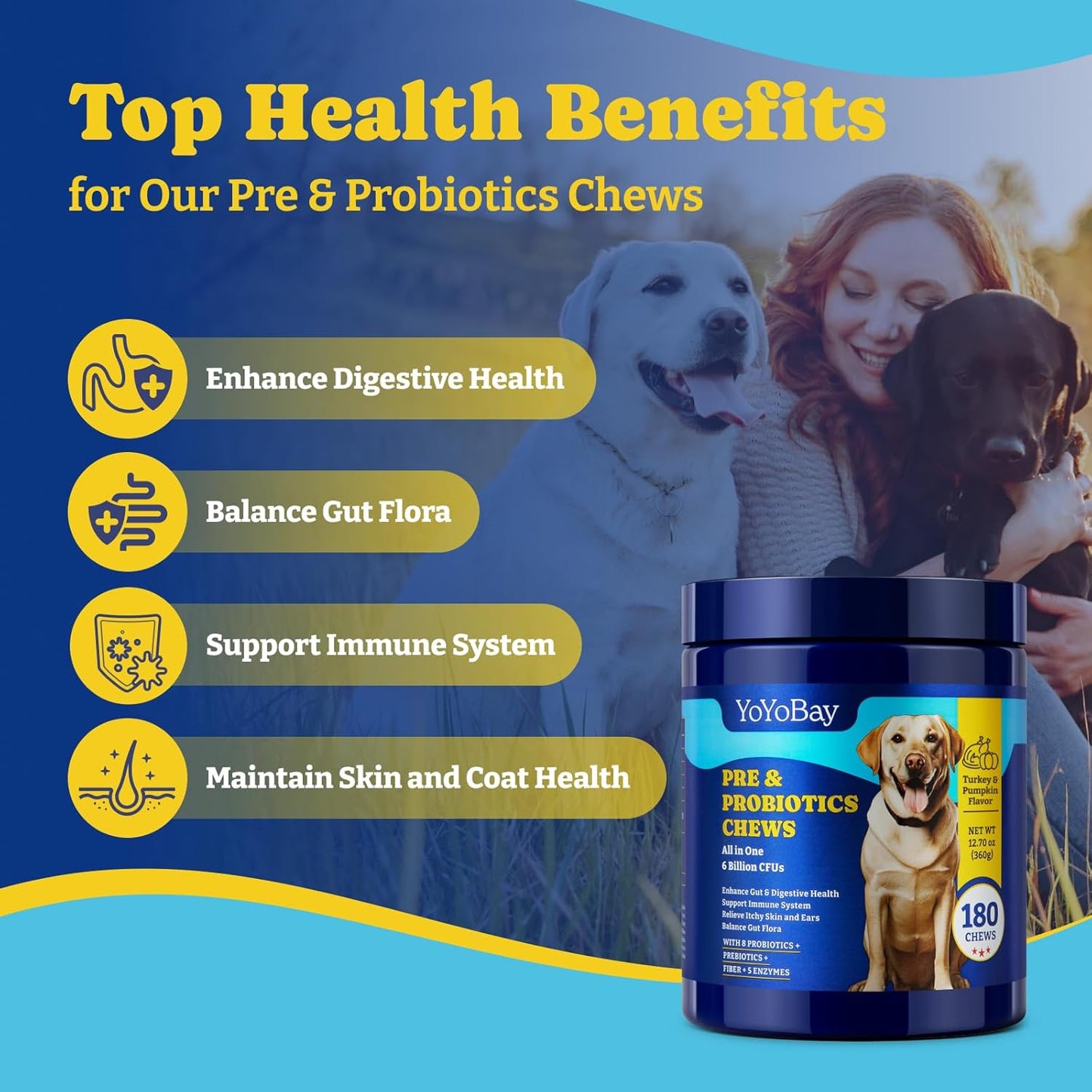 Dog Probiotics with Prebiotics, Digestive Enzymes - 6 Billion CFUs for Gut, Immune & Skin Health - Turkey & Pumpkin Flavor, 180 Soft Chews