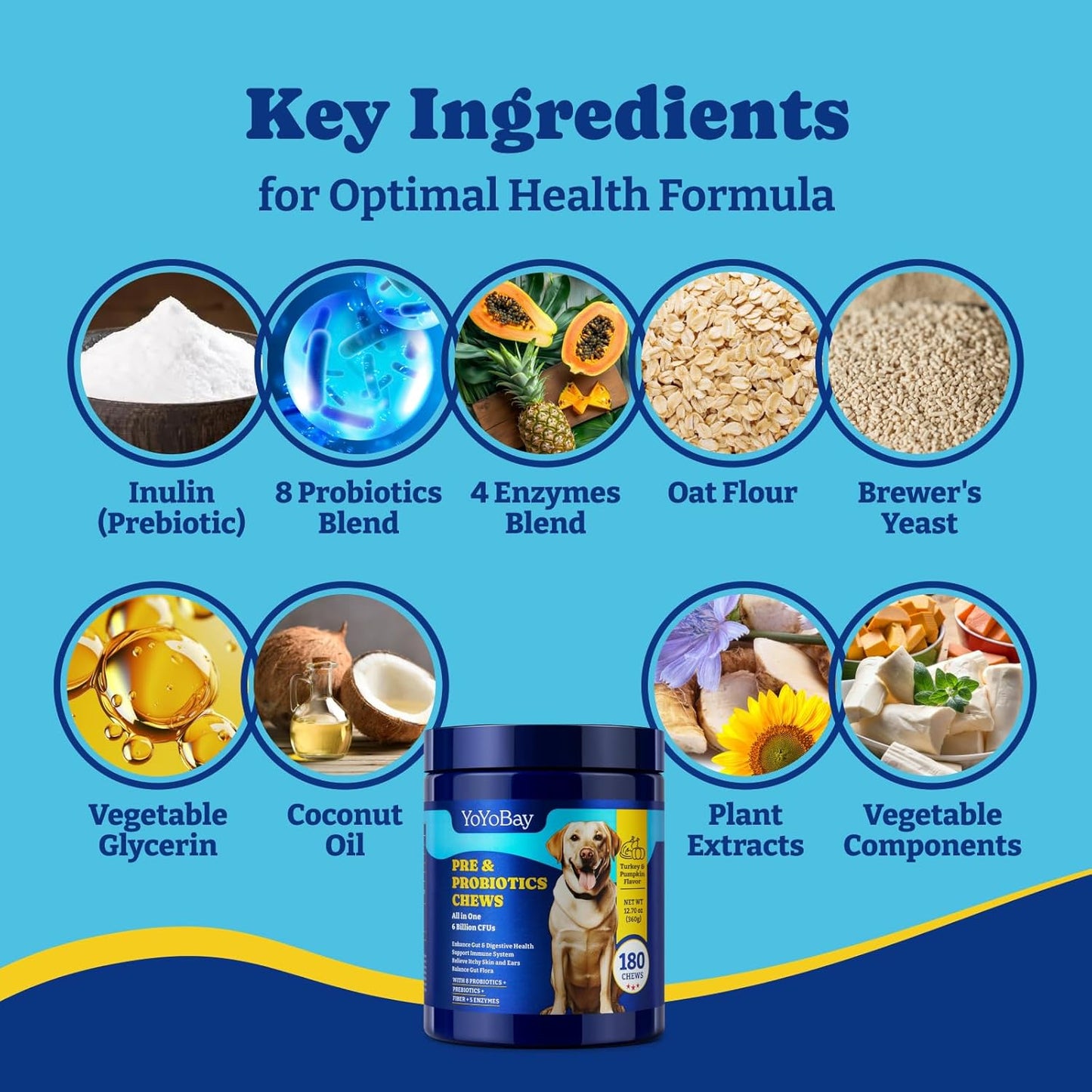 Dog Probiotics with Prebiotics, Digestive Enzymes - 6 Billion CFUs for Gut, Immune & Skin Health - Turkey & Pumpkin Flavor, 180 Soft Chews