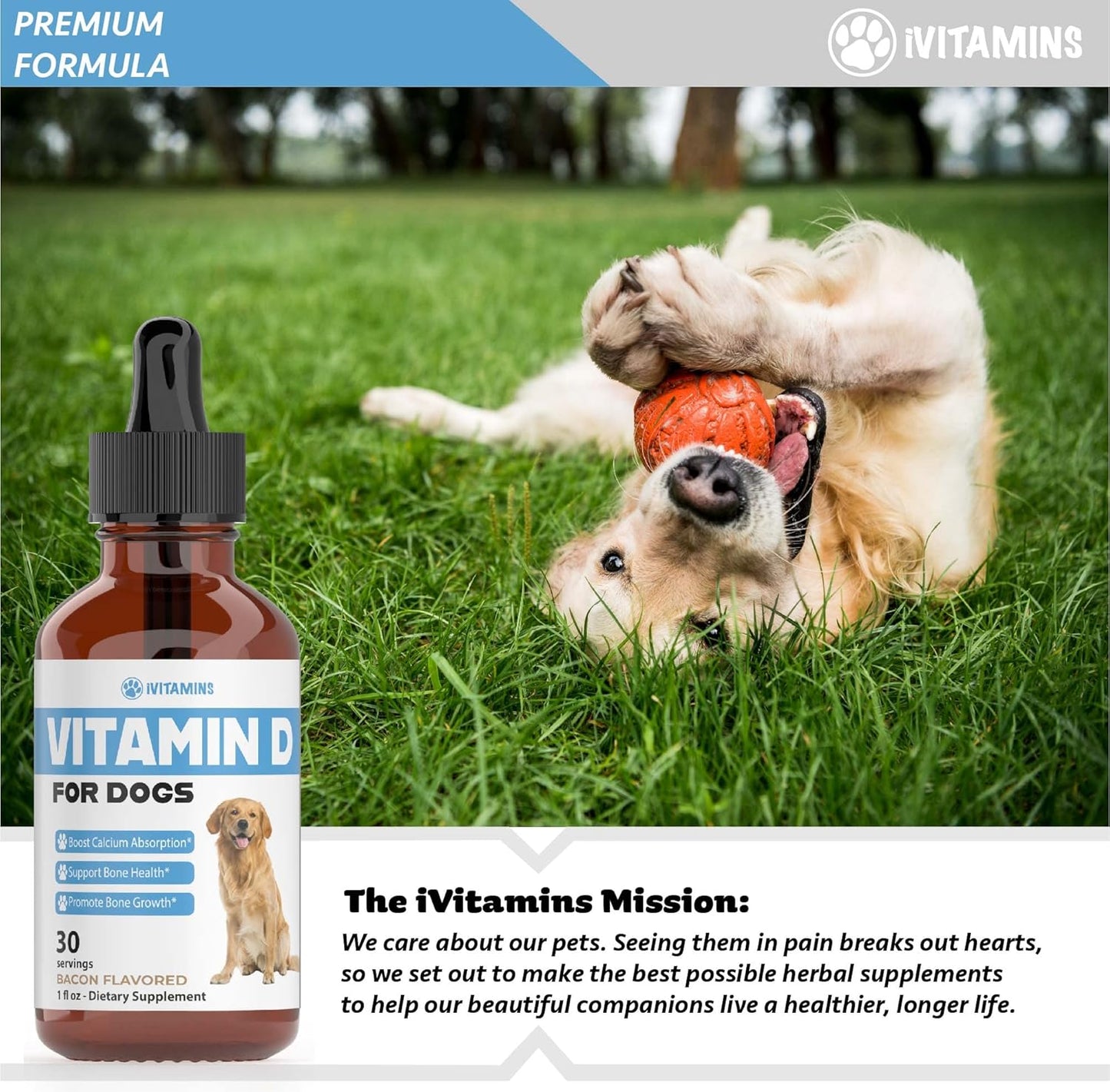 Dog Vitamin D Supplement for Strong Bones and Health | 1 fl oz Bottle of Multivitamins for Dogs