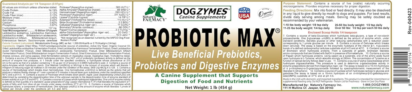 Dogzymes Probiotic Max - 10 Billion CFU's for Dogs - Digestive Support for Diarrhea, Gas, Allergies - 1 lb