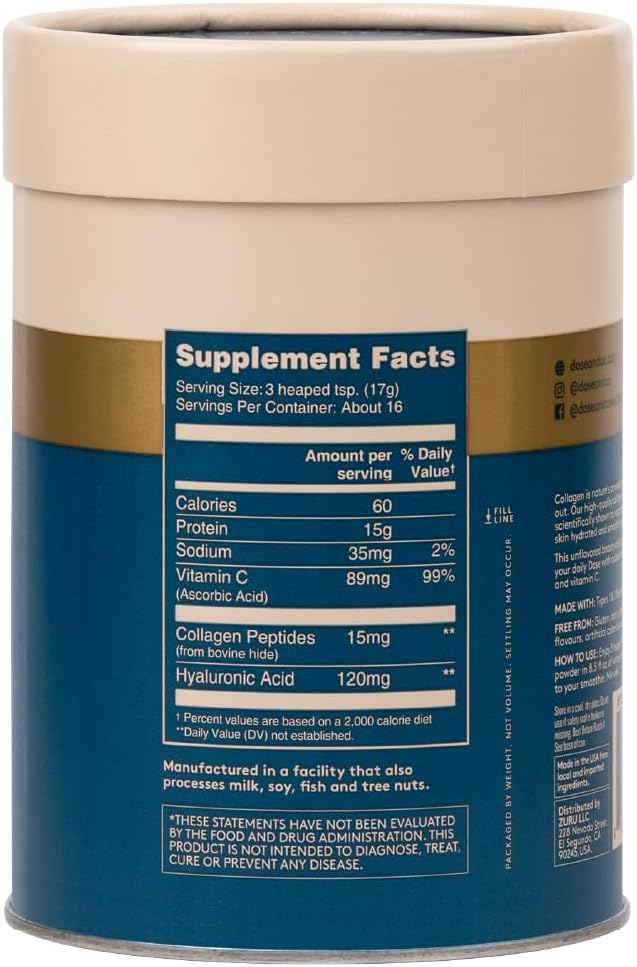 DOSE & CO. Beauty Collagen Powder with Hyaluronic Acid and Vitamin C - 9oz Supplement for Hair, Skin & Nails
