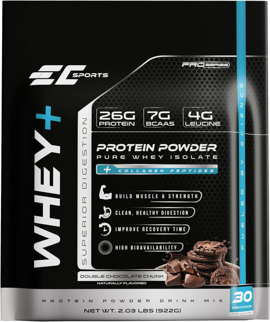 Double Chocolate Chunk Whey Protein Powder with Digestive Enzymes - Isolate Supplement, Collagen Peptides - 30 Servings