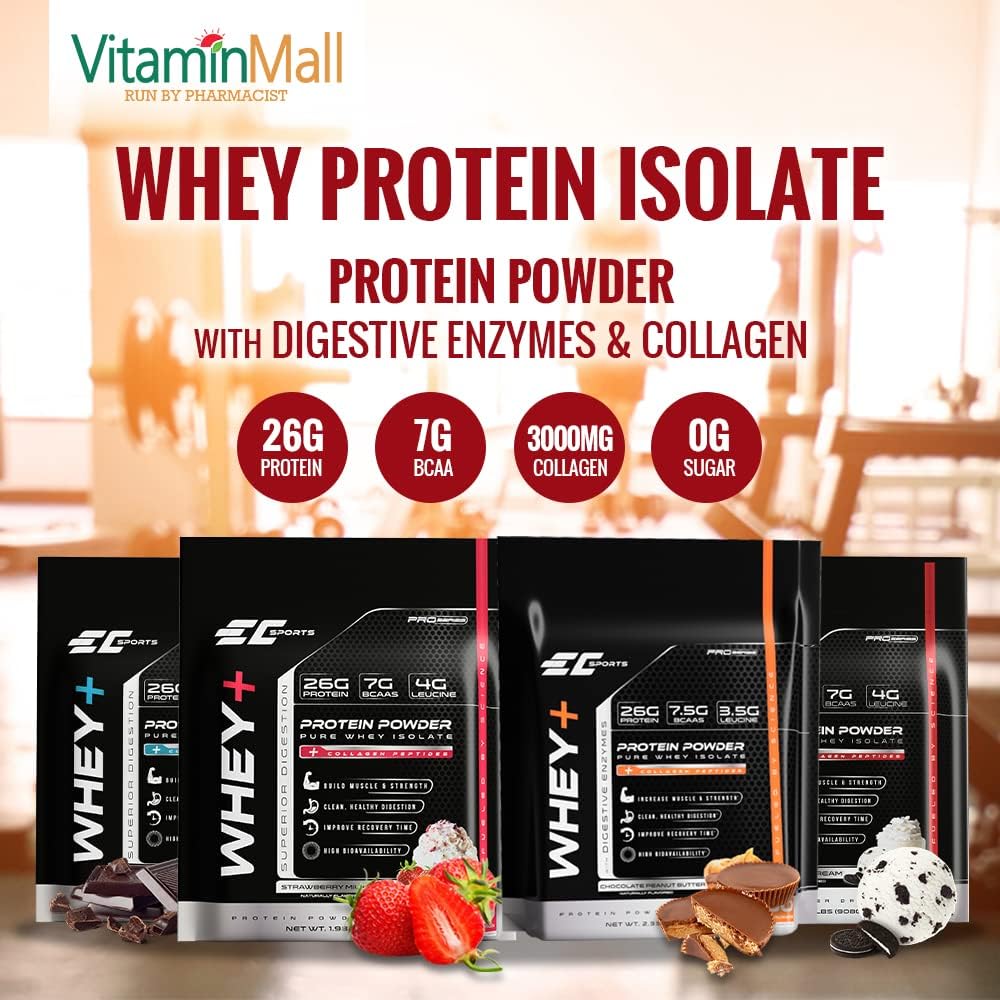 Double Chocolate Chunk Whey Protein Powder with Digestive Enzymes - Isolate Supplement, Collagen Peptides - 30 Servings