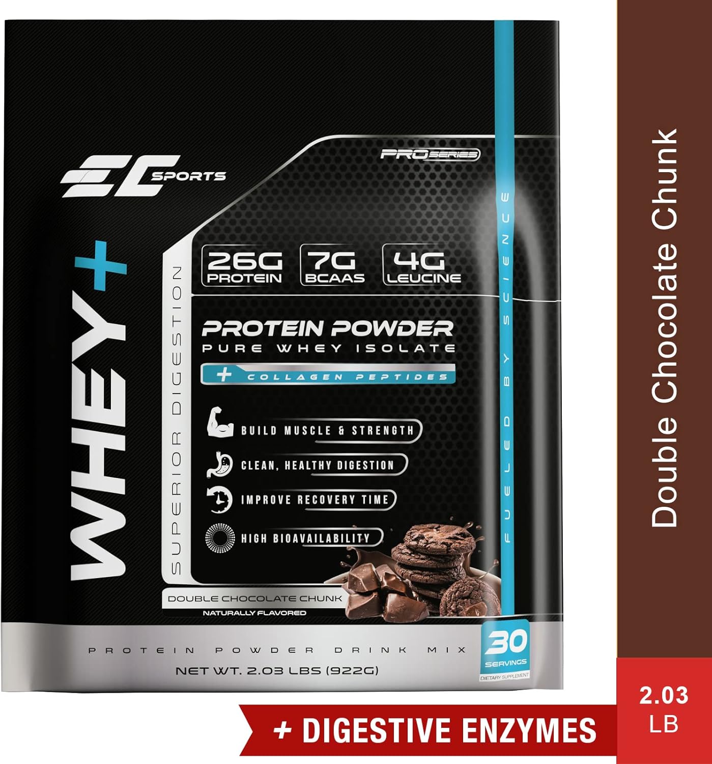 Double Chocolate Chunk Whey Protein Powder with Digestive Enzymes - Isolate Supplement, Collagen Peptides - 30 Servings