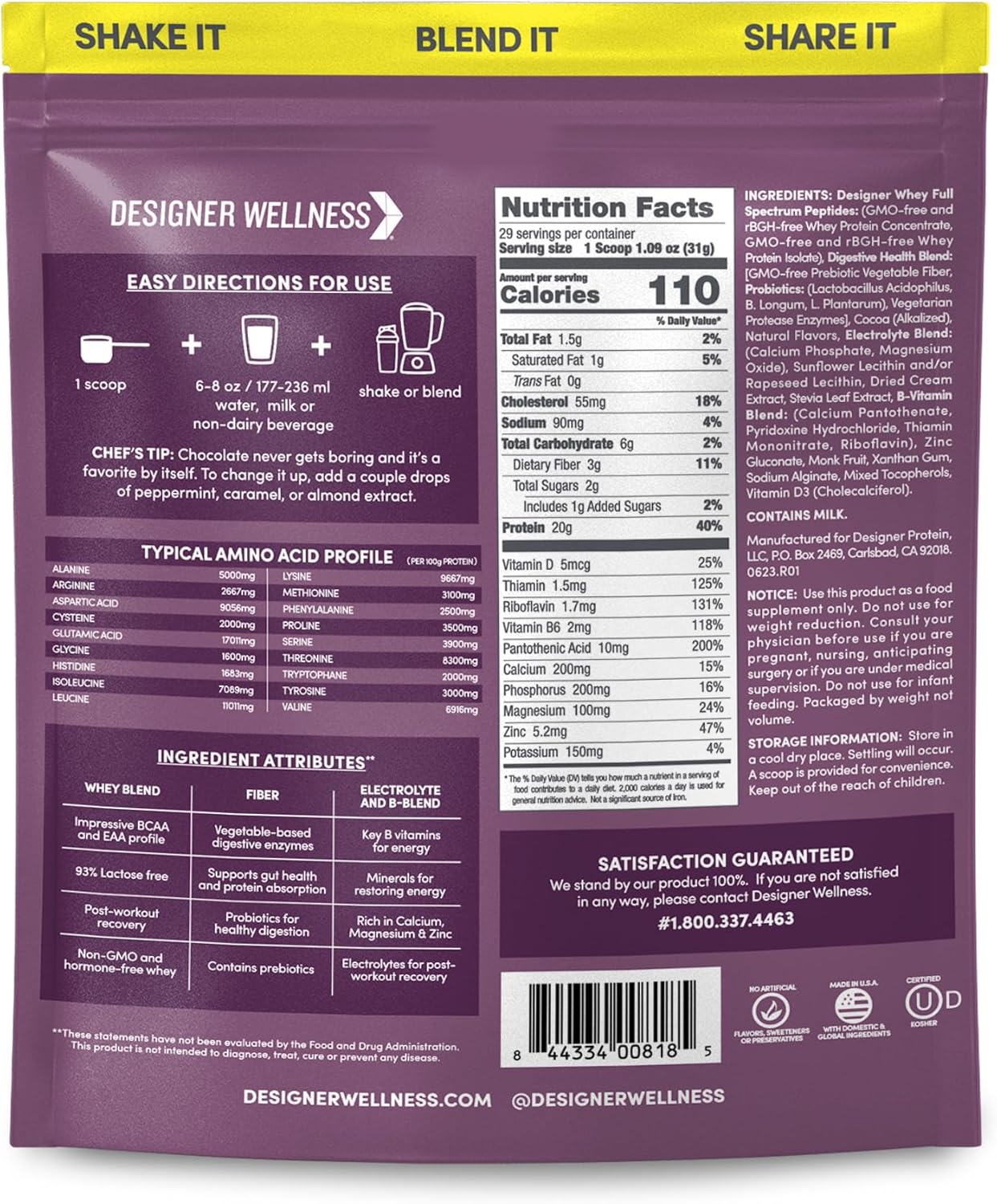 Double Chocolate Designer Wellness Whey Protein Powder with Probiotics, Fiber, and B-Vitamins - Gluten-Free & Kosher - 2 lb