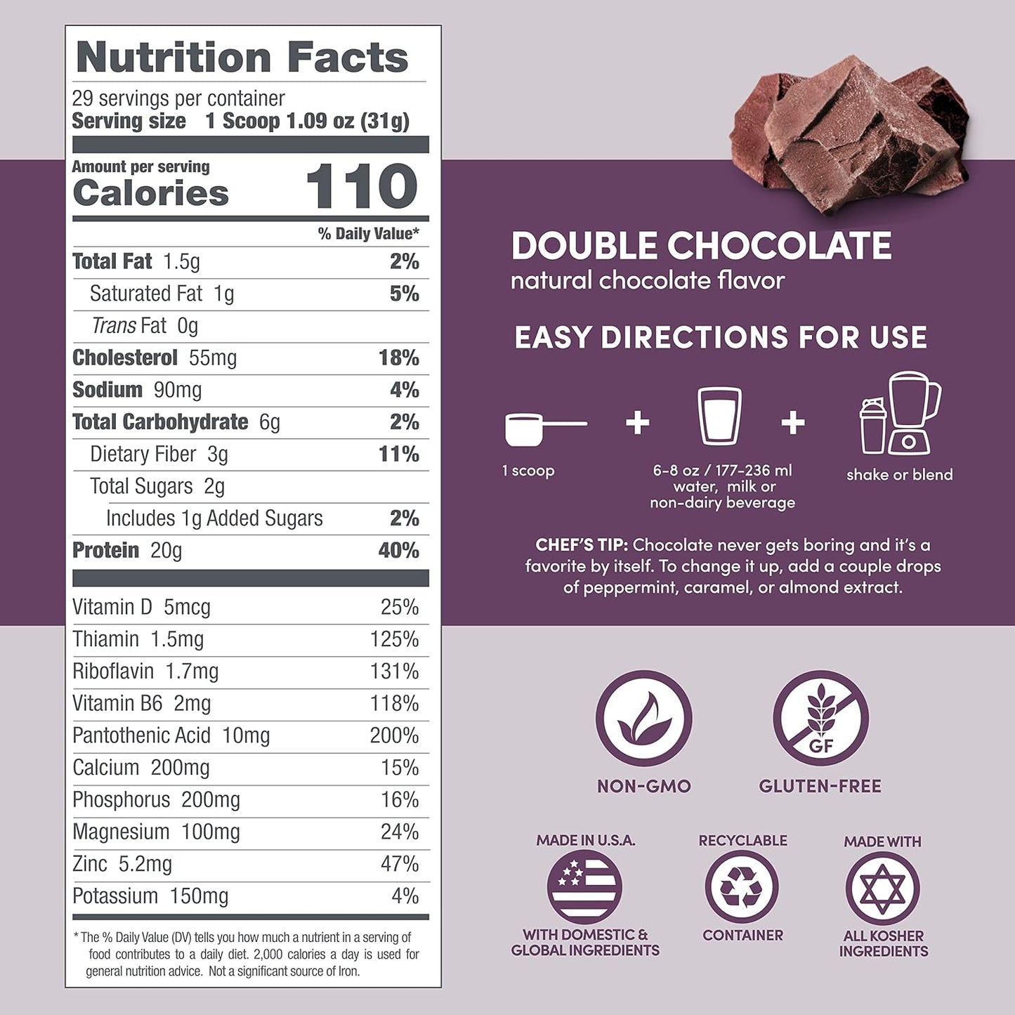 Double Chocolate Designer Wellness Whey Protein Powder with Probiotics, Fiber, and B-Vitamins - Gluten-Free & Kosher - 2 lb