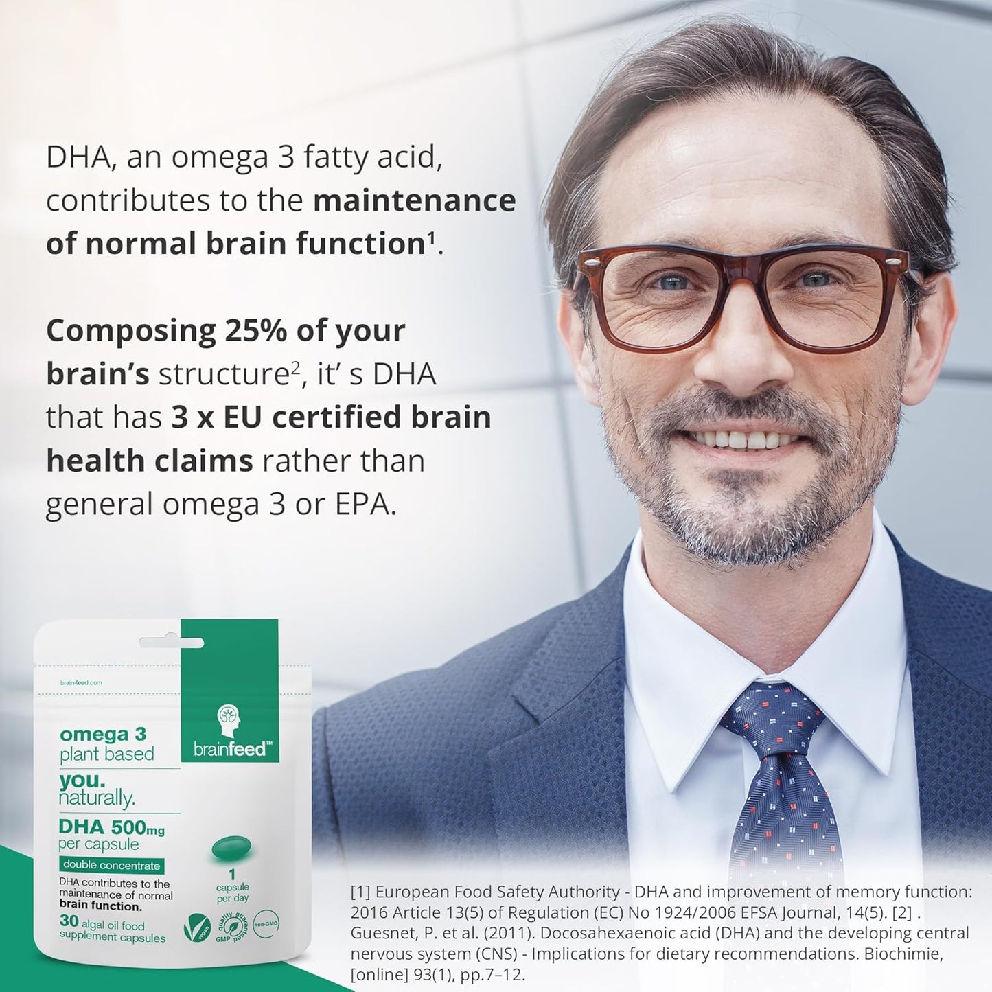 Double Concentrate Vegan DHA Supplements - 1000mg x 2 Capsules - Brain & Eye Health Support - Omega 3 Algae Oil - 2 Month Supply