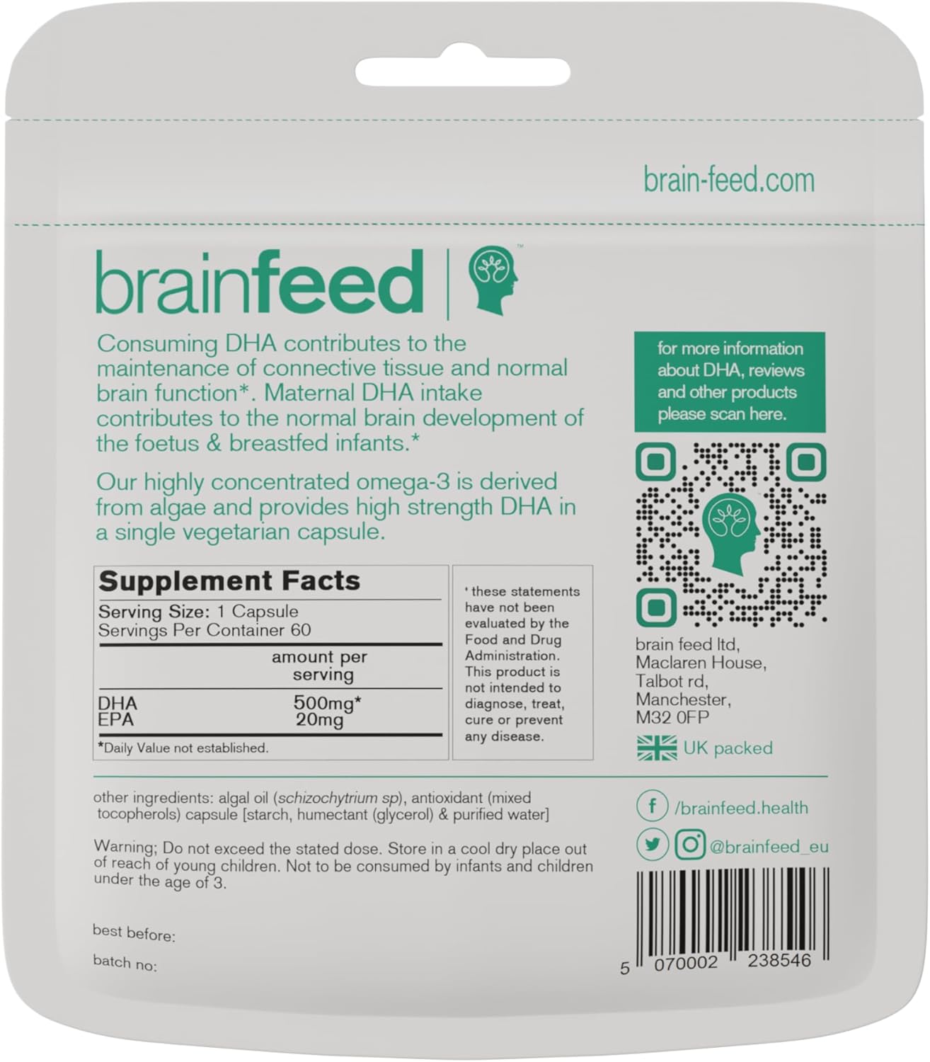Double Concentrate Vegan DHA Supplements - 1000mg x 2 Capsules - Brain & Eye Health Support - Omega 3 Algae Oil - 2 Month Supply