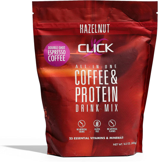 Double Shot Espresso Click Coffee Protein Powder - 16g Protein, 23 Vitamins, Low Calorie Meal Replacement - Hazelnut Flavor