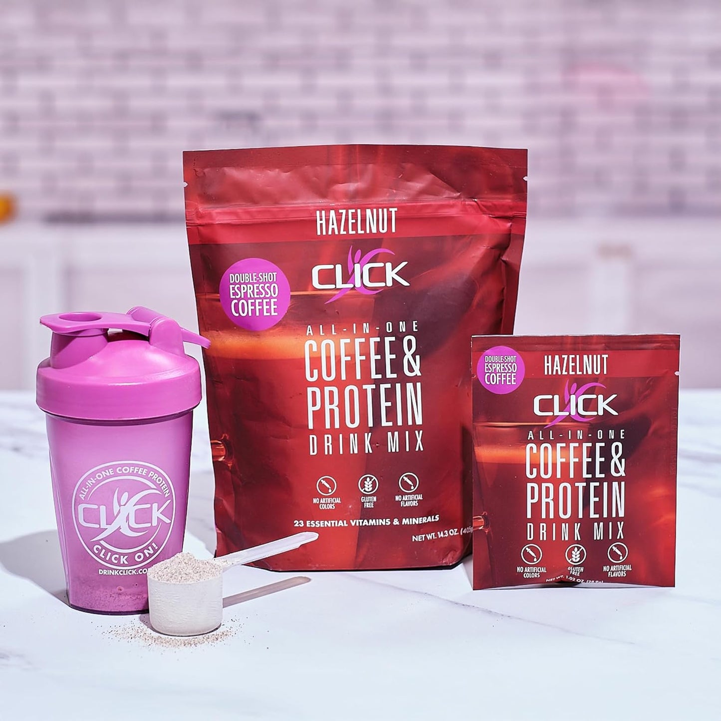 Double Shot Espresso Click Coffee Protein Powder - 16g Protein, 23 Vitamins, Low Calorie Meal Replacement - Hazelnut Flavor