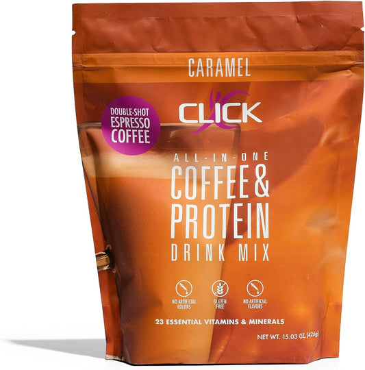 Double Shot Espresso Click Coffee Protein Powder with 16g Protein, 23 Vitamins, Low Calorie Meal Replacement, 150mg Caffeine, Gluten Free - Caramel Flavor