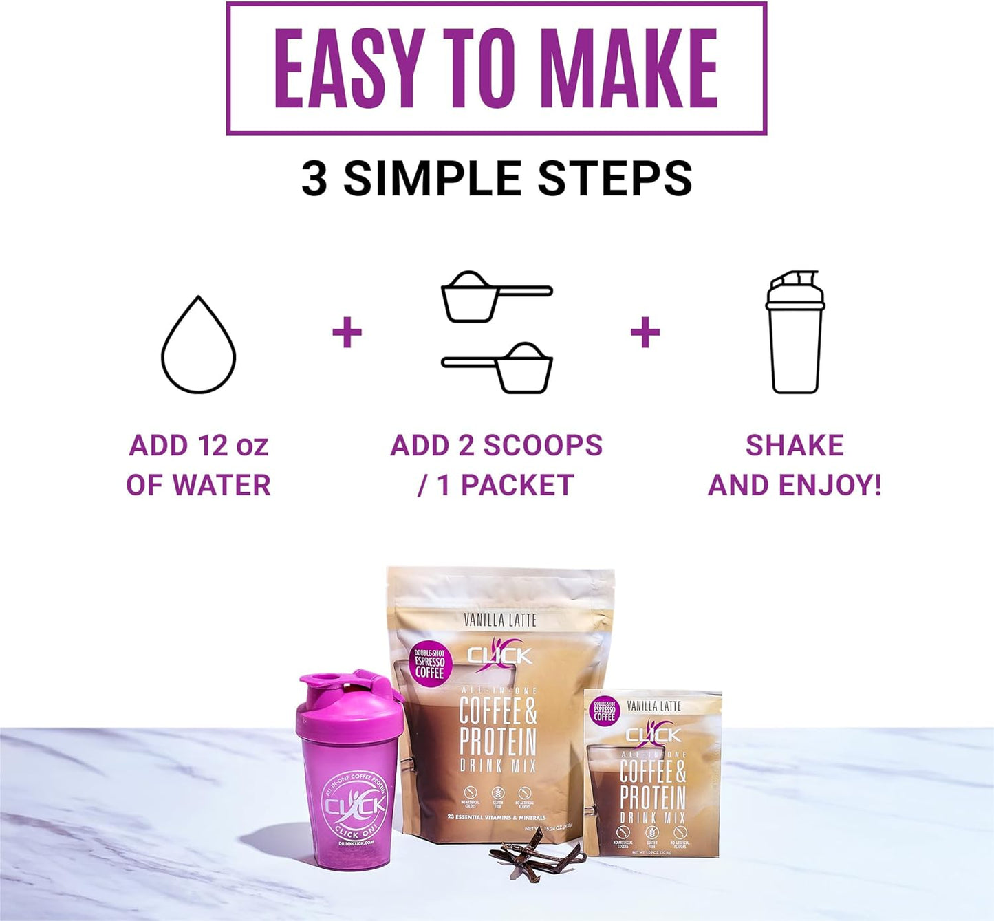 Double Shot Espresso Click Coffee Protein Powder with 16g Protein, 23 Vitamins, Low Calorie Meal Replacement - Gluten Free & No Artificial Flavors!