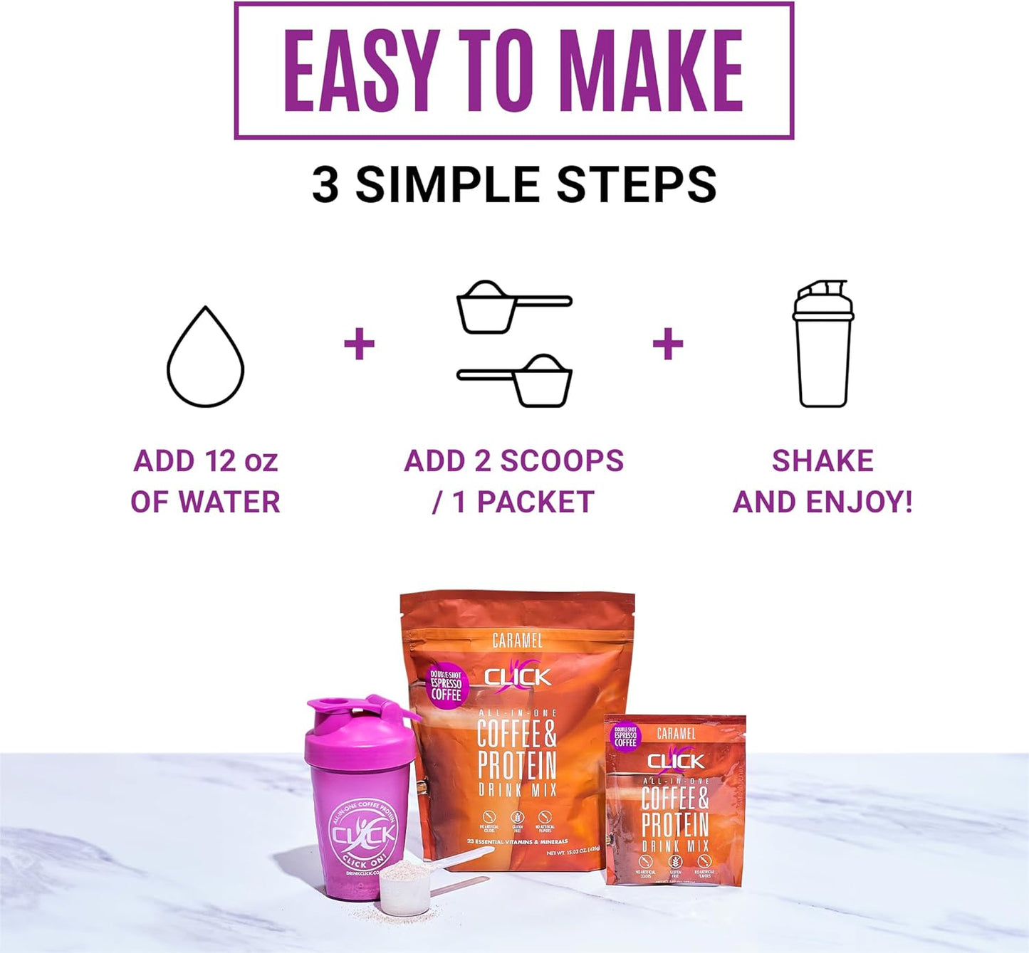 Double Shot Espresso Click Coffee Protein Powder with 16g Protein, 23 Vitamins, Low Calorie Meal Replacement, 150mg Caffeine, Gluten Free - Caramel Flavor