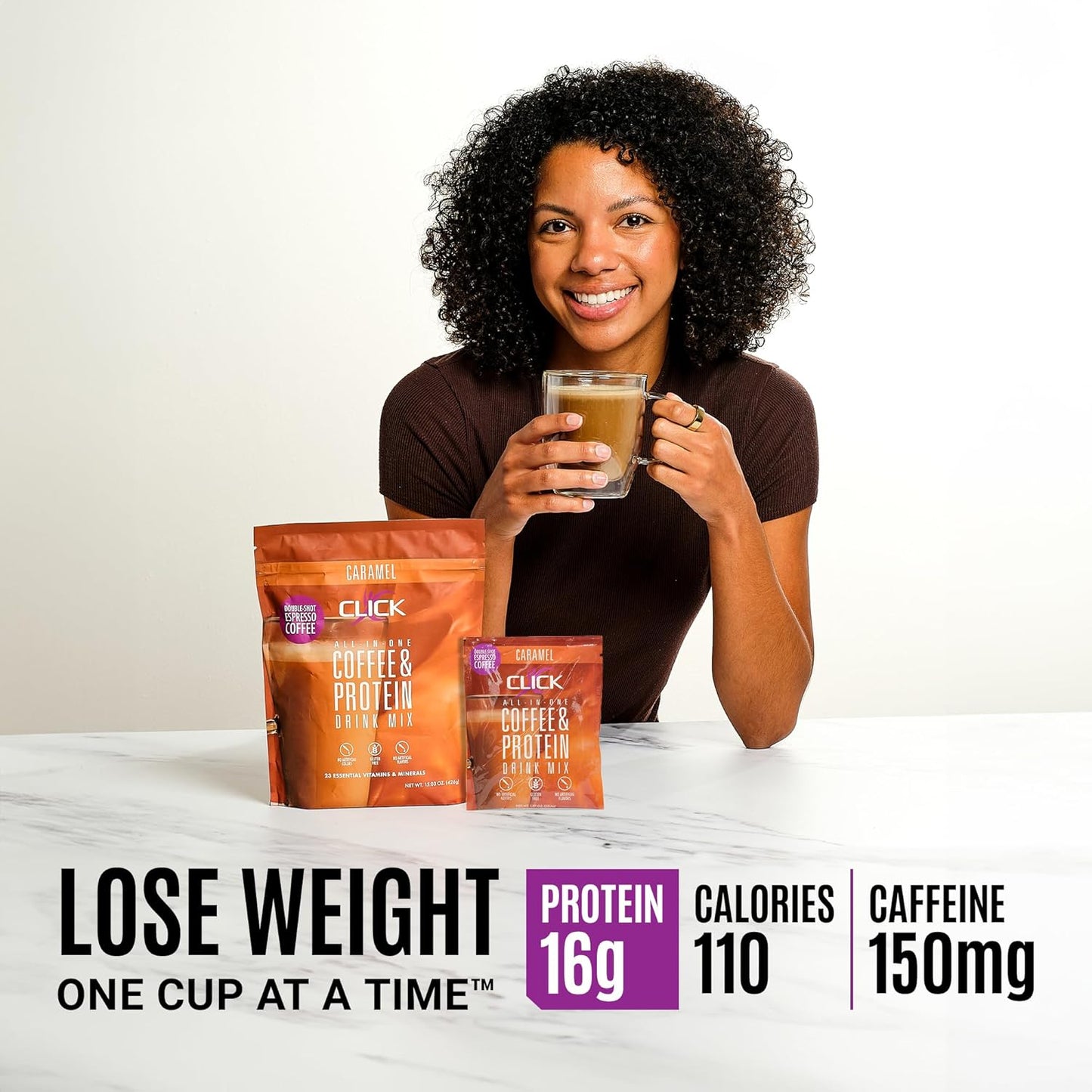 Double Shot Espresso Click Coffee Protein Powder with 16g Protein, 23 Vitamins, Low Calorie Meal Replacement, 150mg Caffeine, Gluten Free - Caramel Flavor