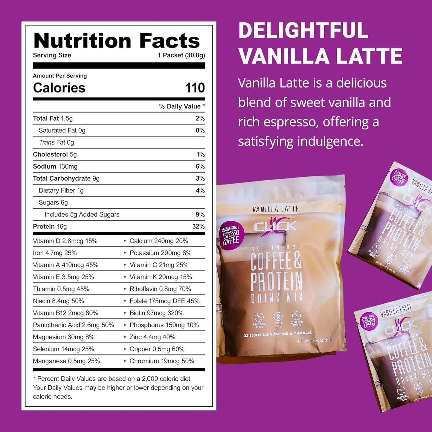 Double Shot Espresso Click Coffee Protein Powder with 16g Protein, 23 Vitamins, Low Calorie Meal Replacement - Gluten Free & No Artificial Flavors!