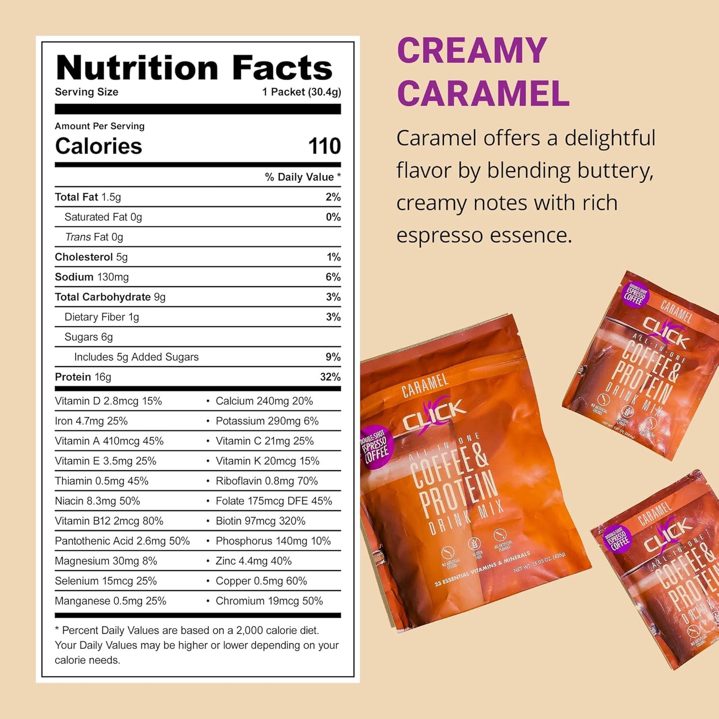 Double Shot Espresso Click Coffee Protein Powder with 16g Protein, 23 Vitamins, Low Calorie Meal Replacement, 150mg Caffeine, Gluten Free - Caramel Flavor
