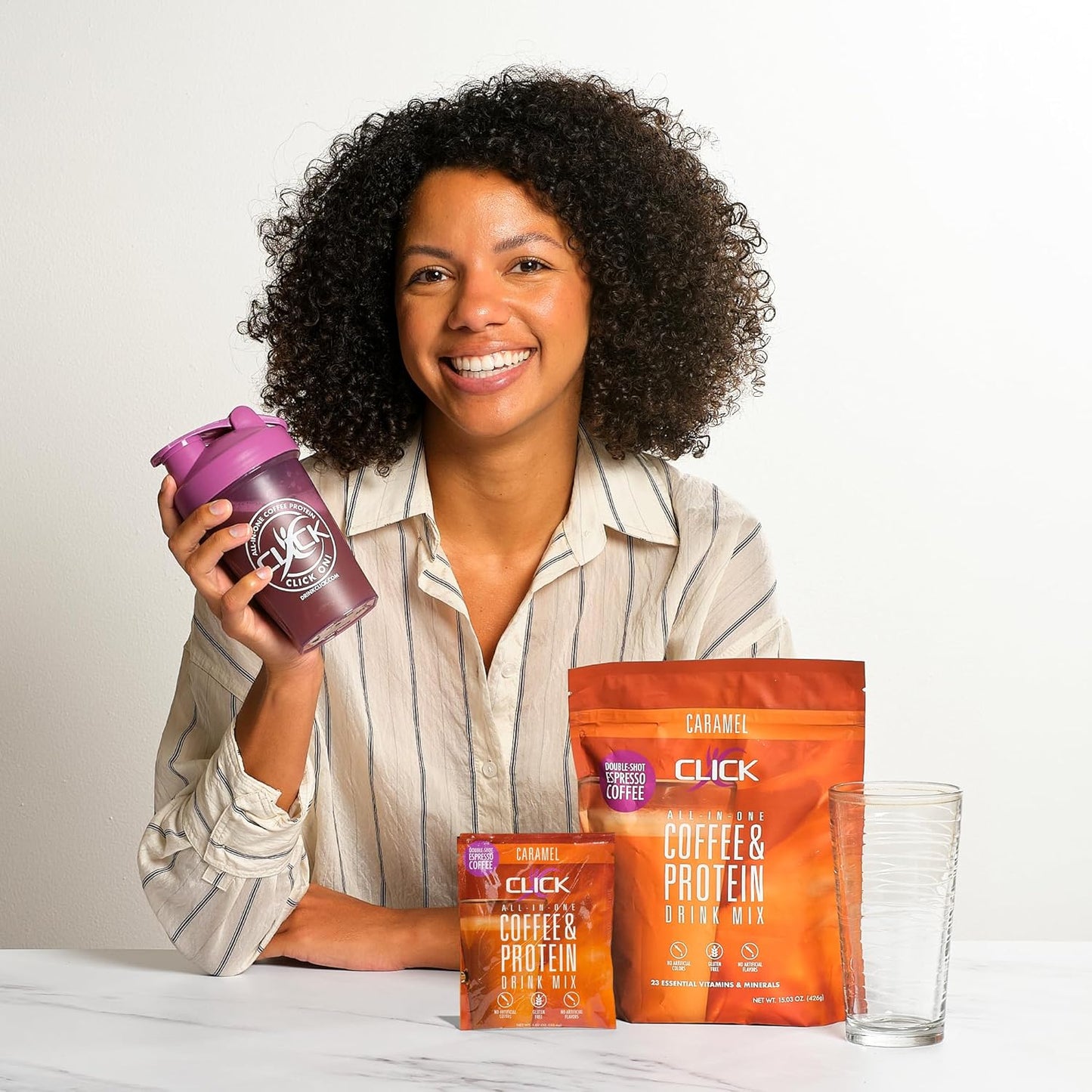 Double Shot Espresso Click Coffee Protein Powder with 16g Protein, 23 Vitamins, Low Calorie Meal Replacement, 150mg Caffeine, Gluten Free - Caramel Flavor