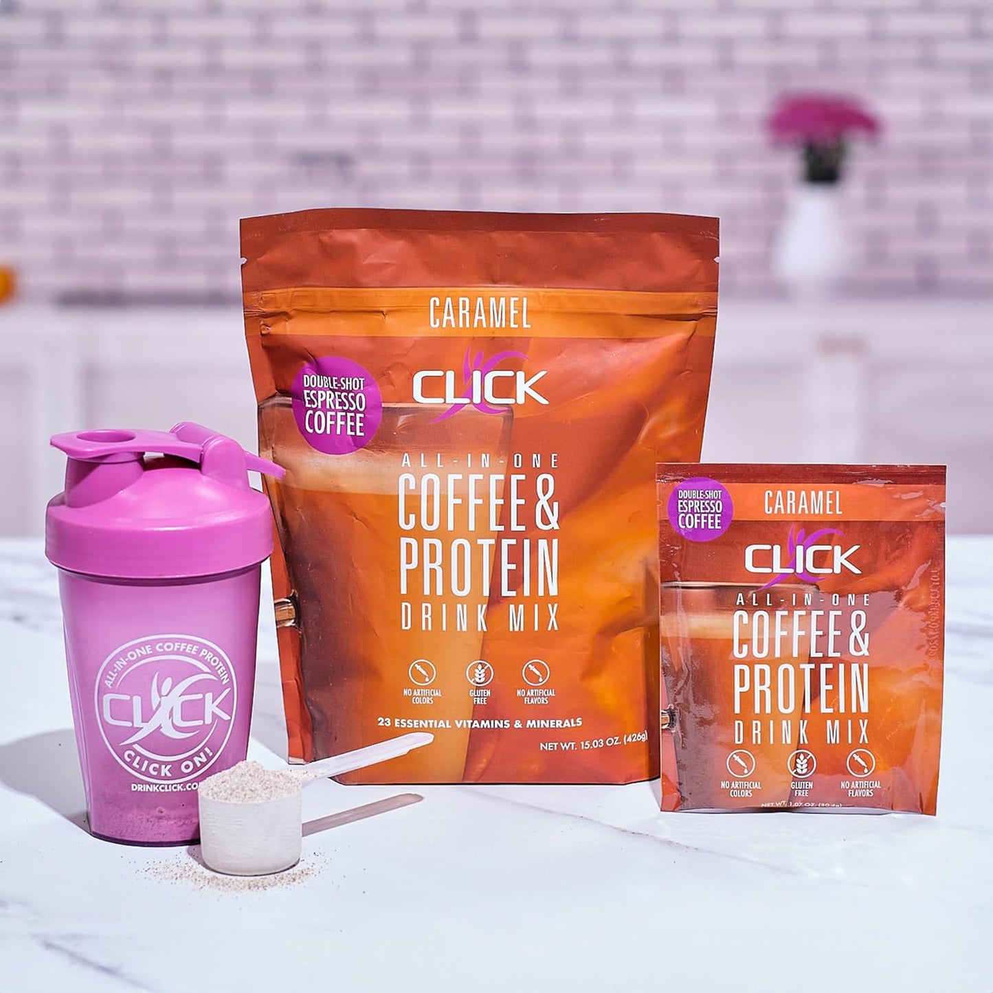 Double Shot Espresso Click Coffee Protein Powder with 16g Protein, 23 Vitamins, Low Calorie Meal Replacement, 150mg Caffeine, Gluten Free - Caramel Flavor