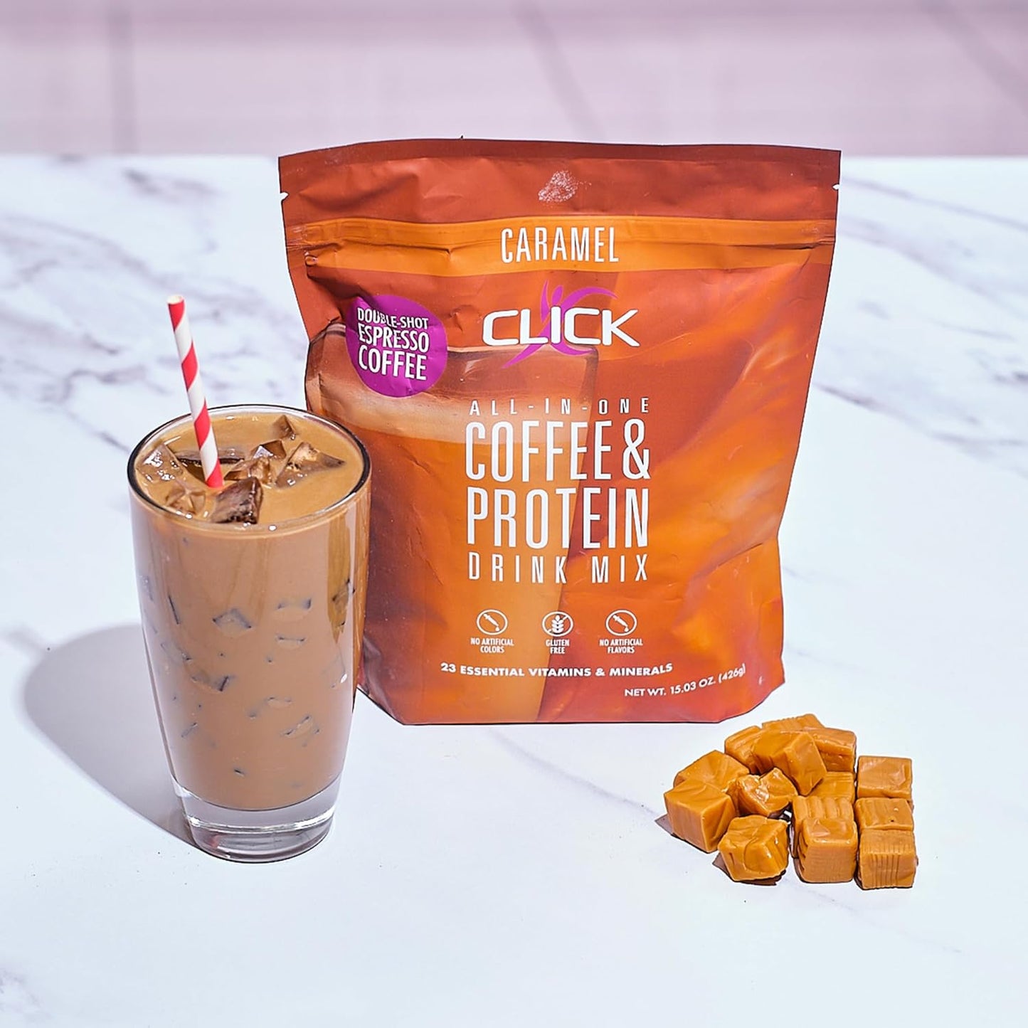 Double Shot Espresso Click Coffee Protein Powder with 16g Protein, 23 Vitamins, Low Calorie Meal Replacement, 150mg Caffeine, Gluten Free - Caramel Flavor