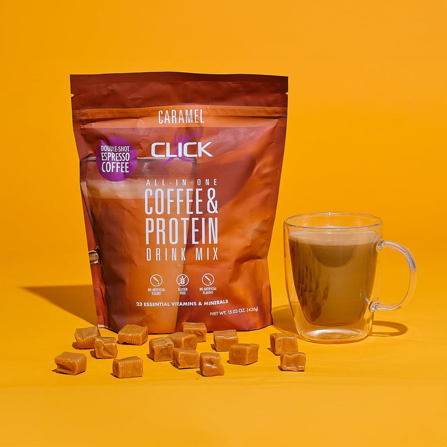 Double Shot Espresso Click Coffee Protein Powder with 16g Protein, 23 Vitamins, Low Calorie Meal Replacement, 150mg Caffeine, Gluten Free - Caramel Flavor