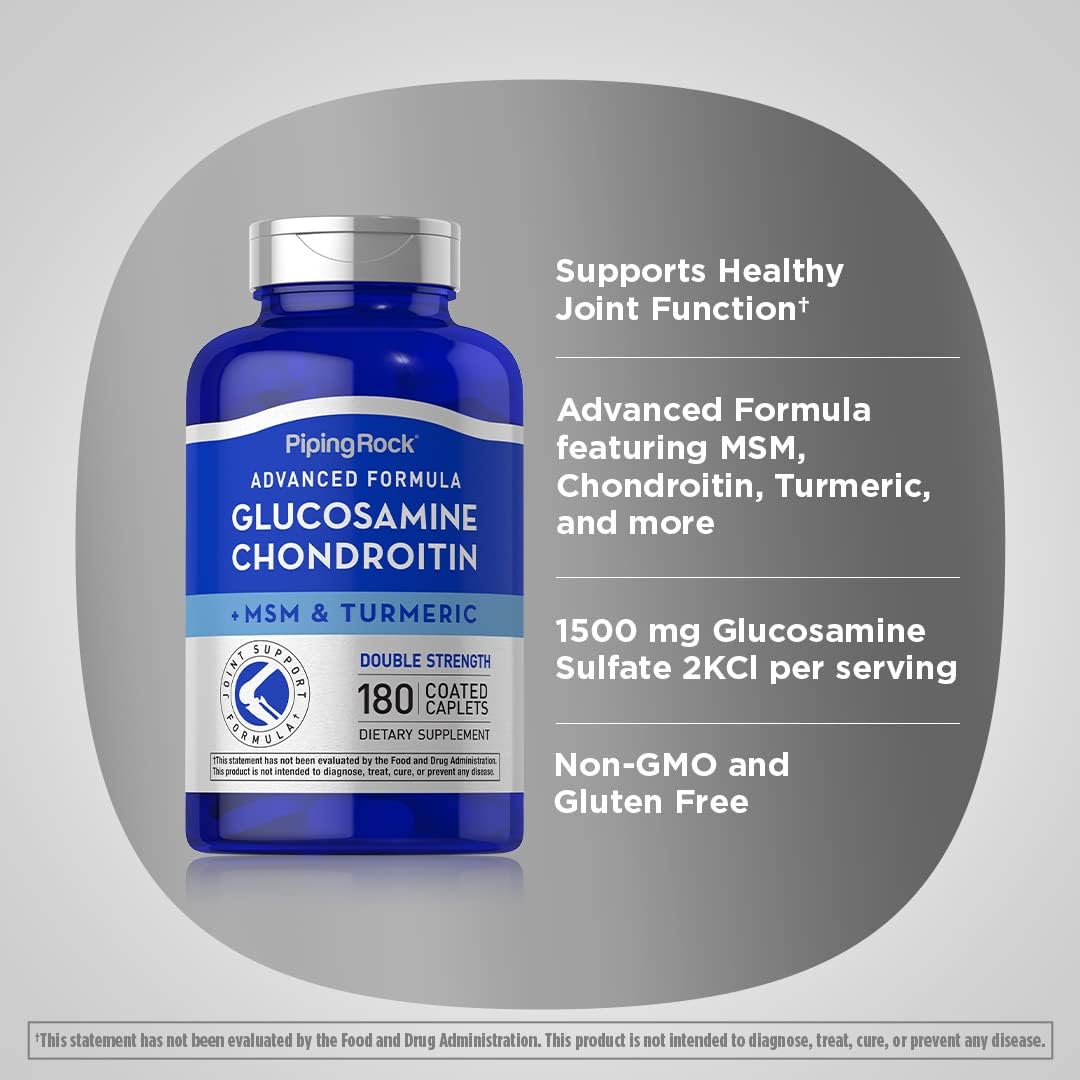 Double Strength Glucosamine Chondroitin MSM with Turmeric | 180 Caplets | Advanced Complex Supplement | Non-GMO, Gluten Free