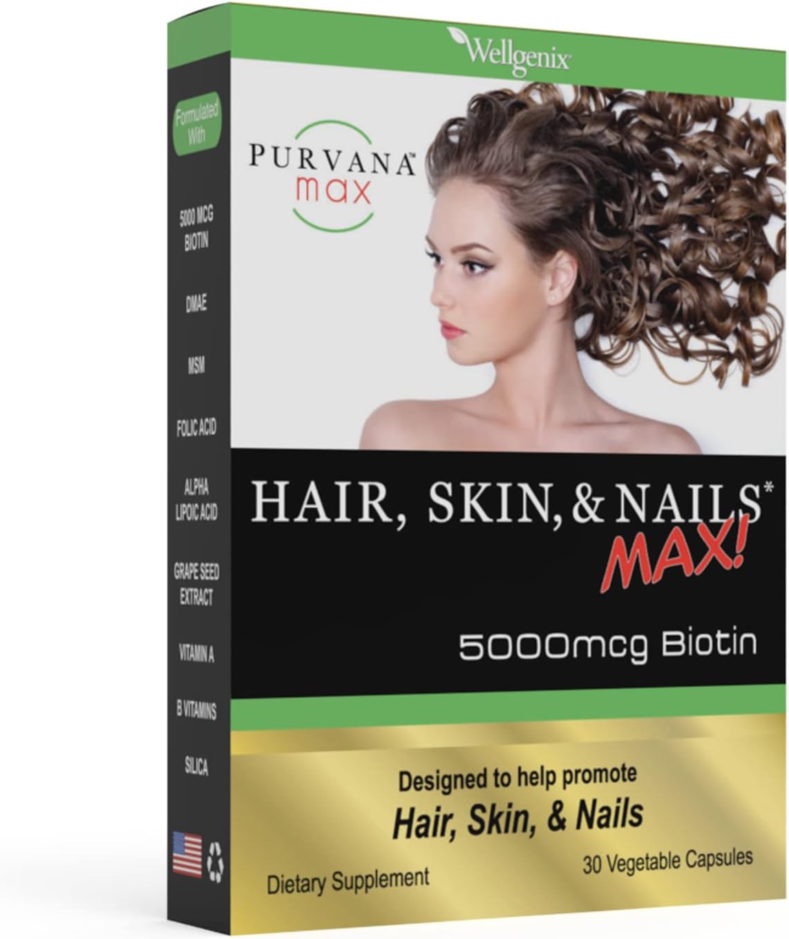 Double Strength Hair, Skin, and Nails Vitamin with Biotin 5000 MCG, VIT A & B, Folic Acid, and Grape Seed Extract - Hair Support Supplement - 30 Capsules
