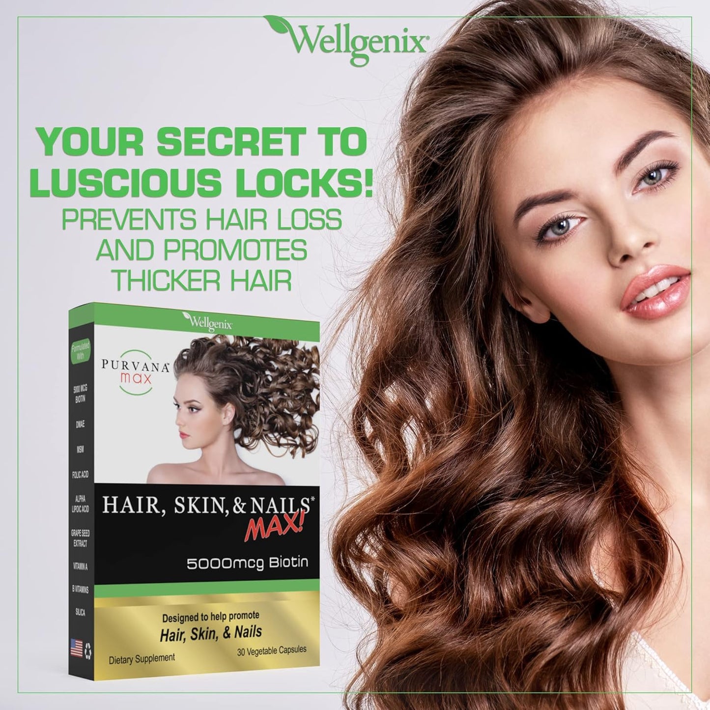Double Strength Hair, Skin, and Nails Vitamin with Biotin 5000 MCG, VIT A & B, Folic Acid, and Grape Seed Extract - Hair Support Supplement - 30 Capsules