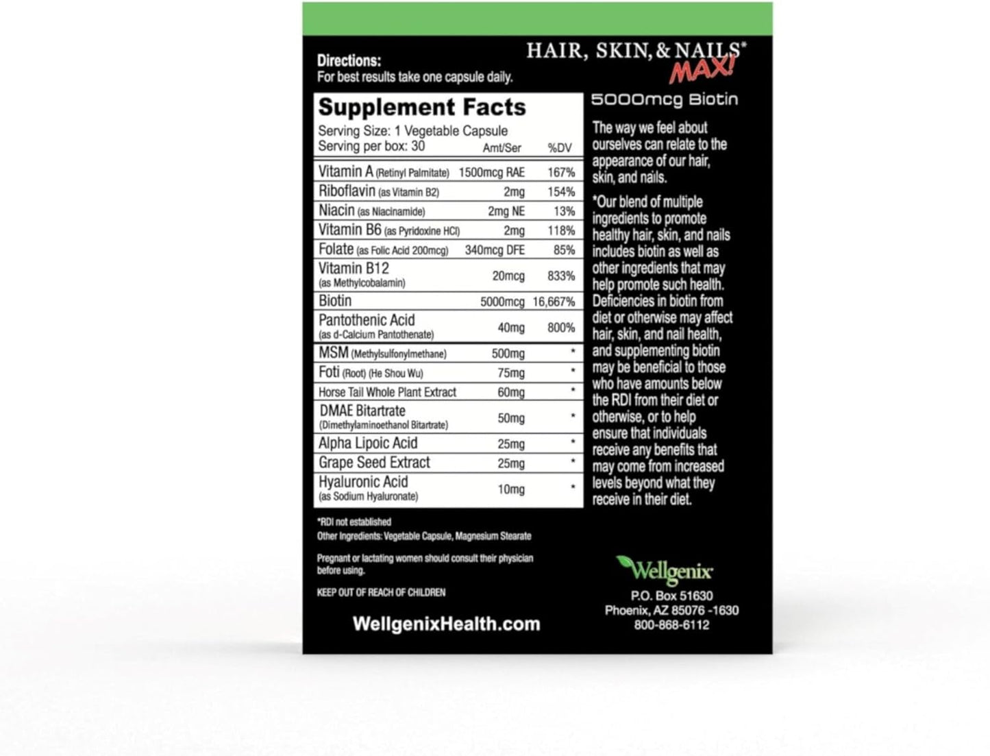 Double Strength Hair, Skin, and Nails Vitamin with Biotin 5000 MCG, VIT A & B, Folic Acid, and Grape Seed Extract - Hair Support Supplement - 30 Capsules