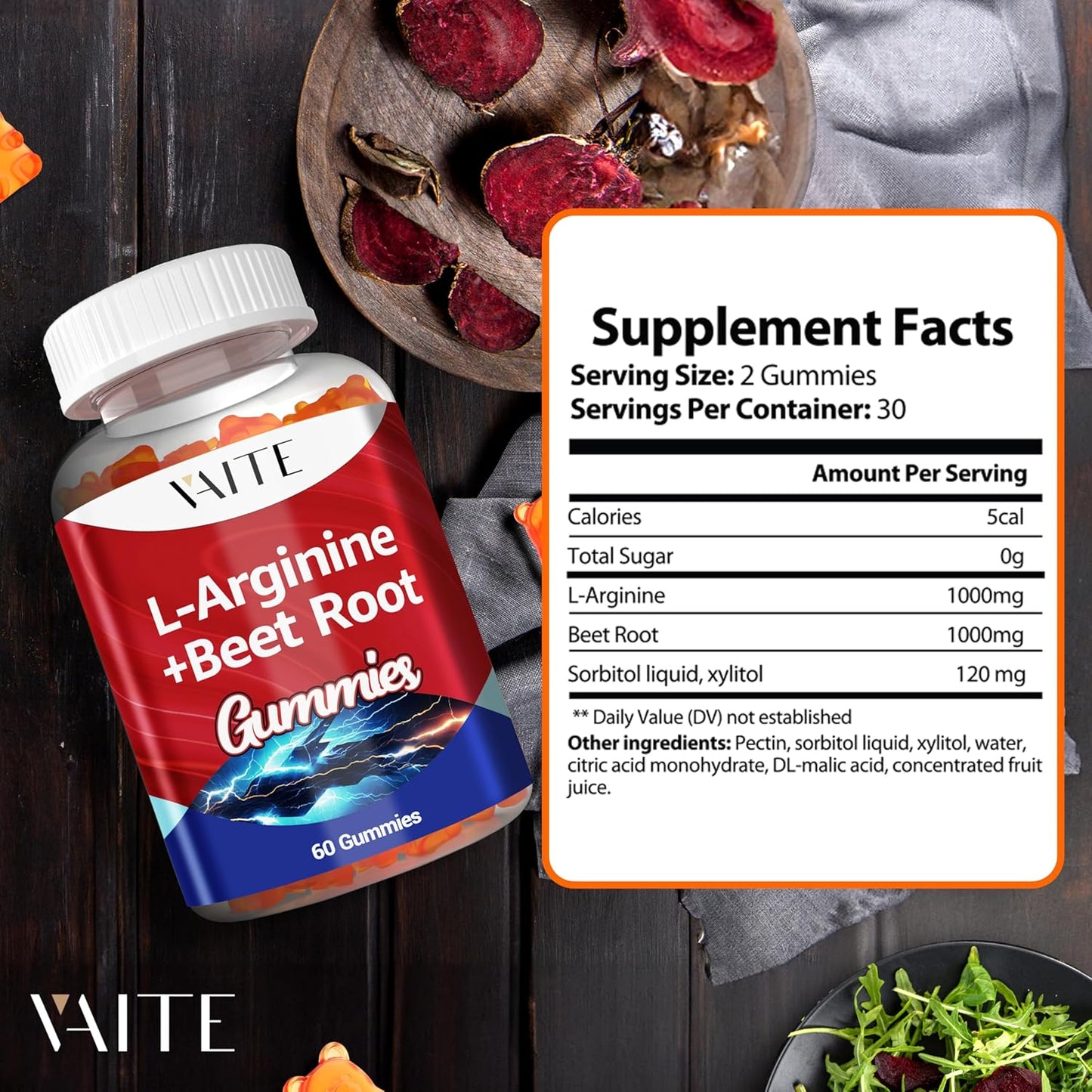 Double Strength VAITE L Arginine 1000mg Beet Root Gummies for Energy Boost and Circulation Support - Organic Chewable Supplements for Men and Women, Vegan and Non-GMO