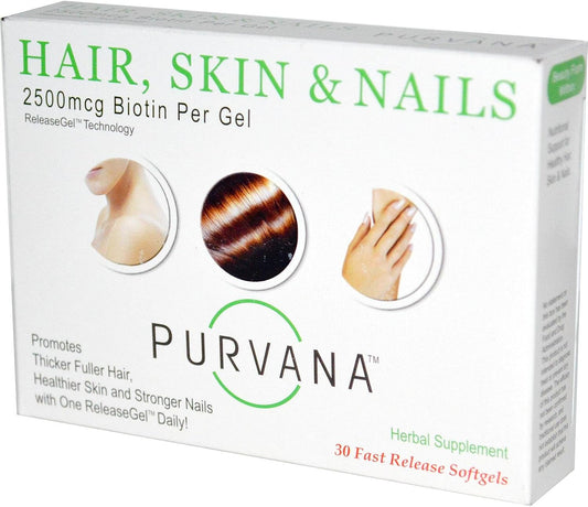 Double Strength Wellgenix Purvana Hair, Skin, and Nails Softgels with High Absorption - 2500mcg Biotin, VIT A & B, Folic Acid, Grape Seed Extract - Herbal Supplement (30 Count)