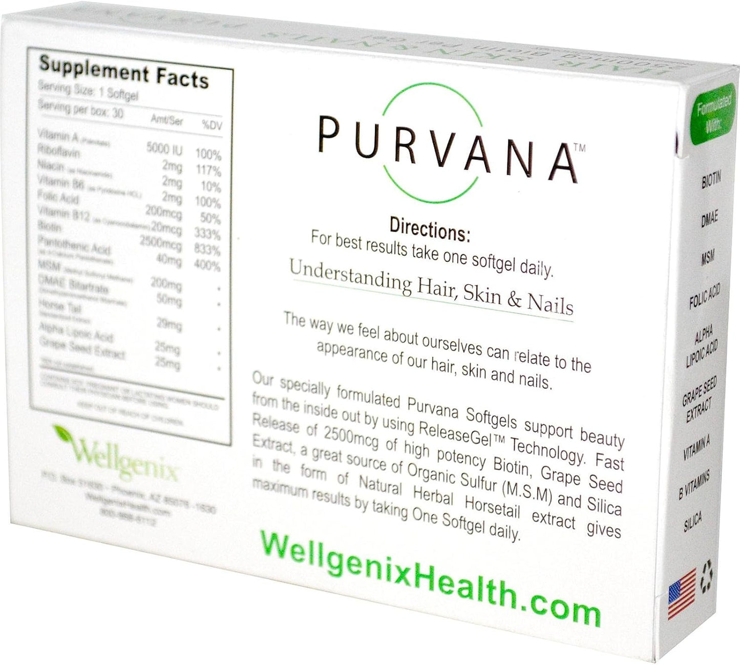 Double Strength Wellgenix Purvana Hair, Skin, and Nails Softgels with High Absorption - 2500mcg Biotin, VIT A & B, Folic Acid, Grape Seed Extract - Herbal Supplement (30 Count)