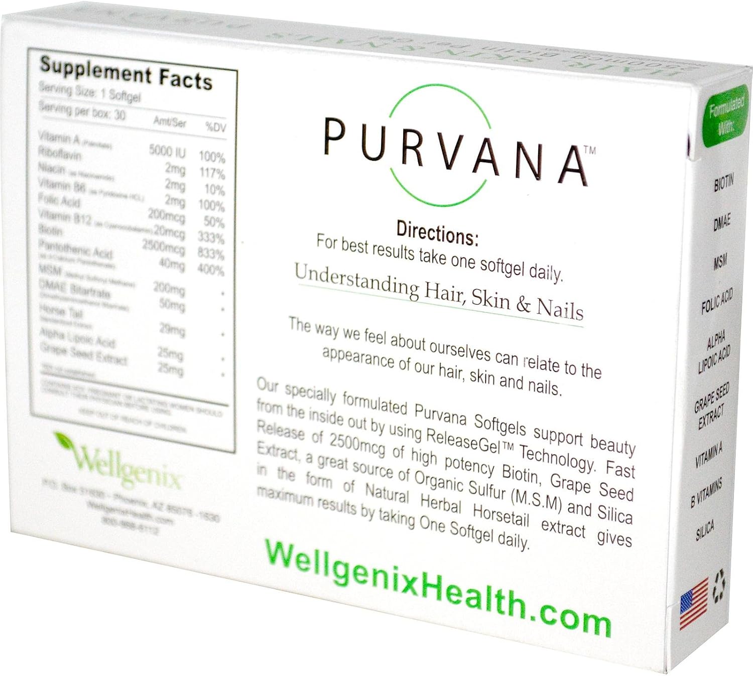 Double Strength Wellgenix Purvana Hair, Skin, and Nails Softgels with High Absorption - 2500mcg Biotin, VIT A & B, Folic Acid, Grape Seed Extract - Herbal Supplement (30 Count)