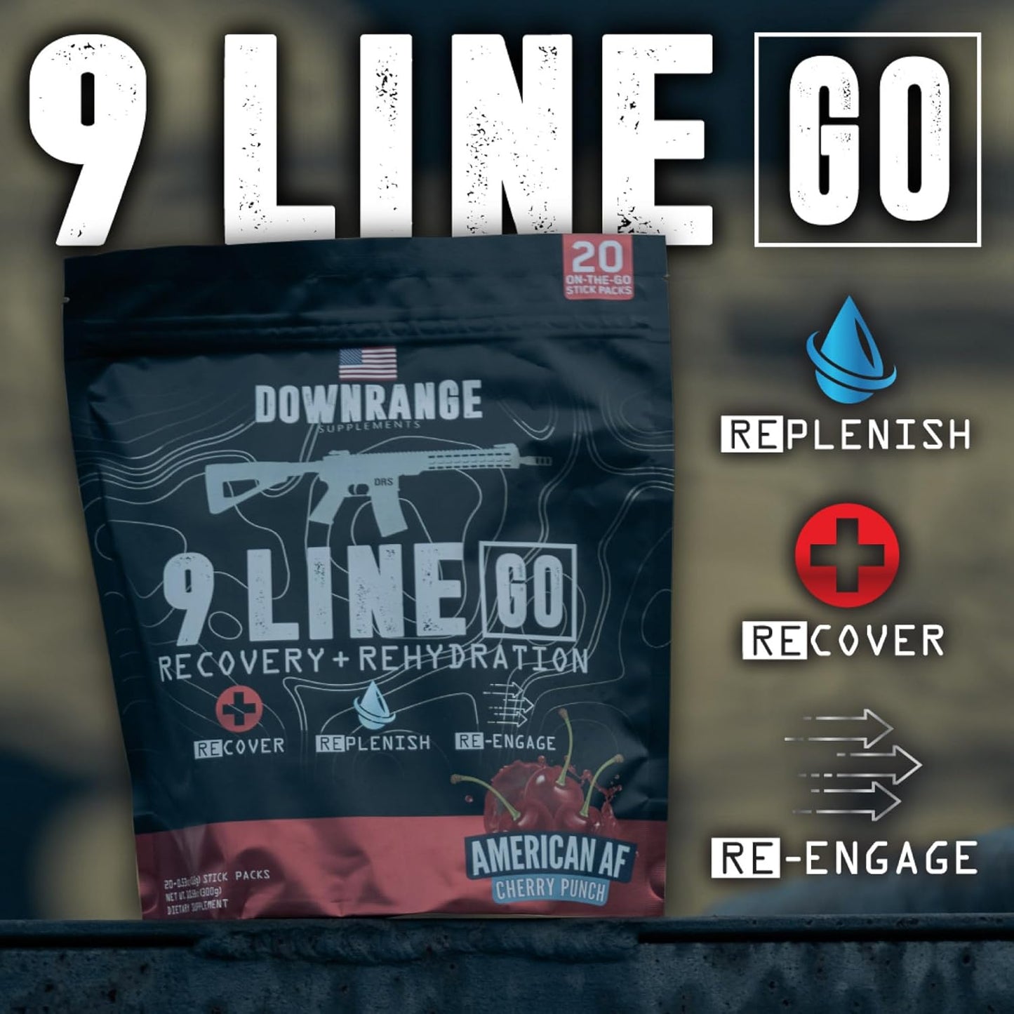 DownRange 9 Line Go Recovery Powder Packets - Electrolytes, Amino Acids, & Coconut Water for Muscle Recovery & Energy - 20 Sticks - Cherry Punch